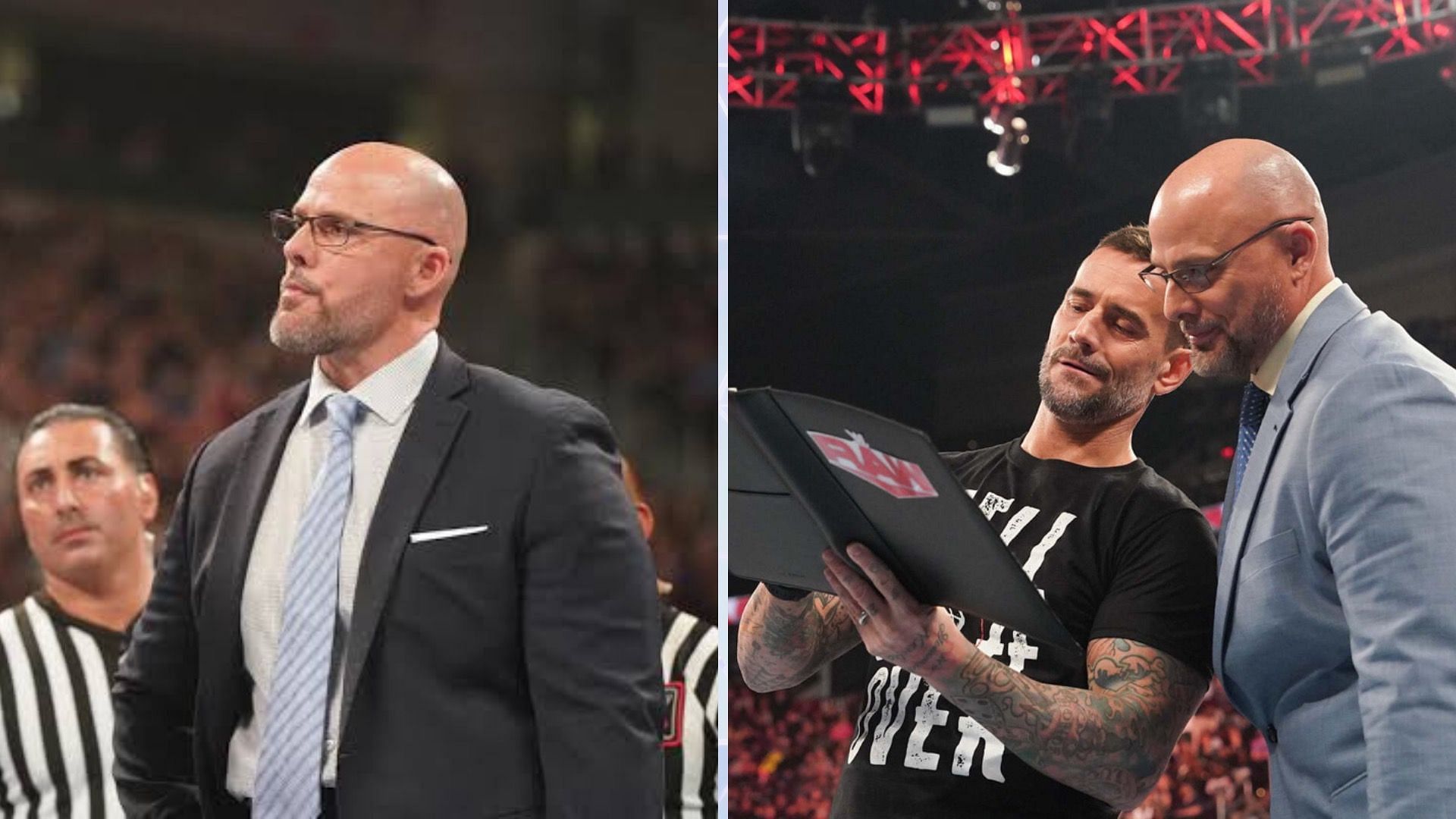 Adam Pearce (left) and Adam Pearce with CM Punk (right) [Image Credits: WWE.com]