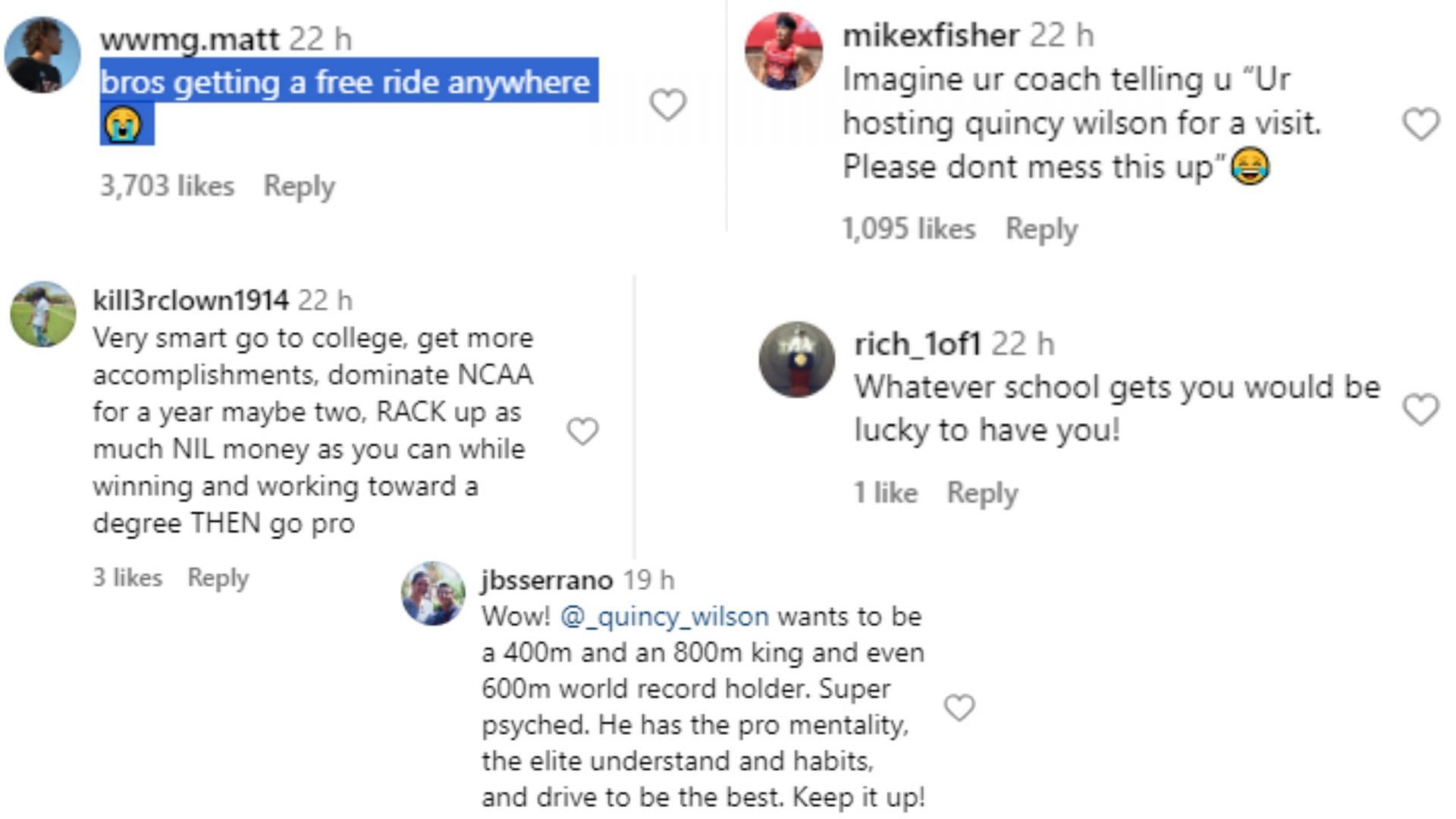 Screengrab of some fan reactions on Quincy Wilson&#039;s Instagram Post [Image Source: Quincy Wilson&#039;s Instagram]