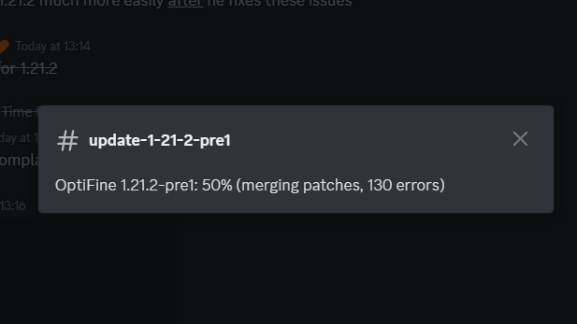 OptiFine 1.21.2 preview development is still stuck at 50% (Image via Discord)