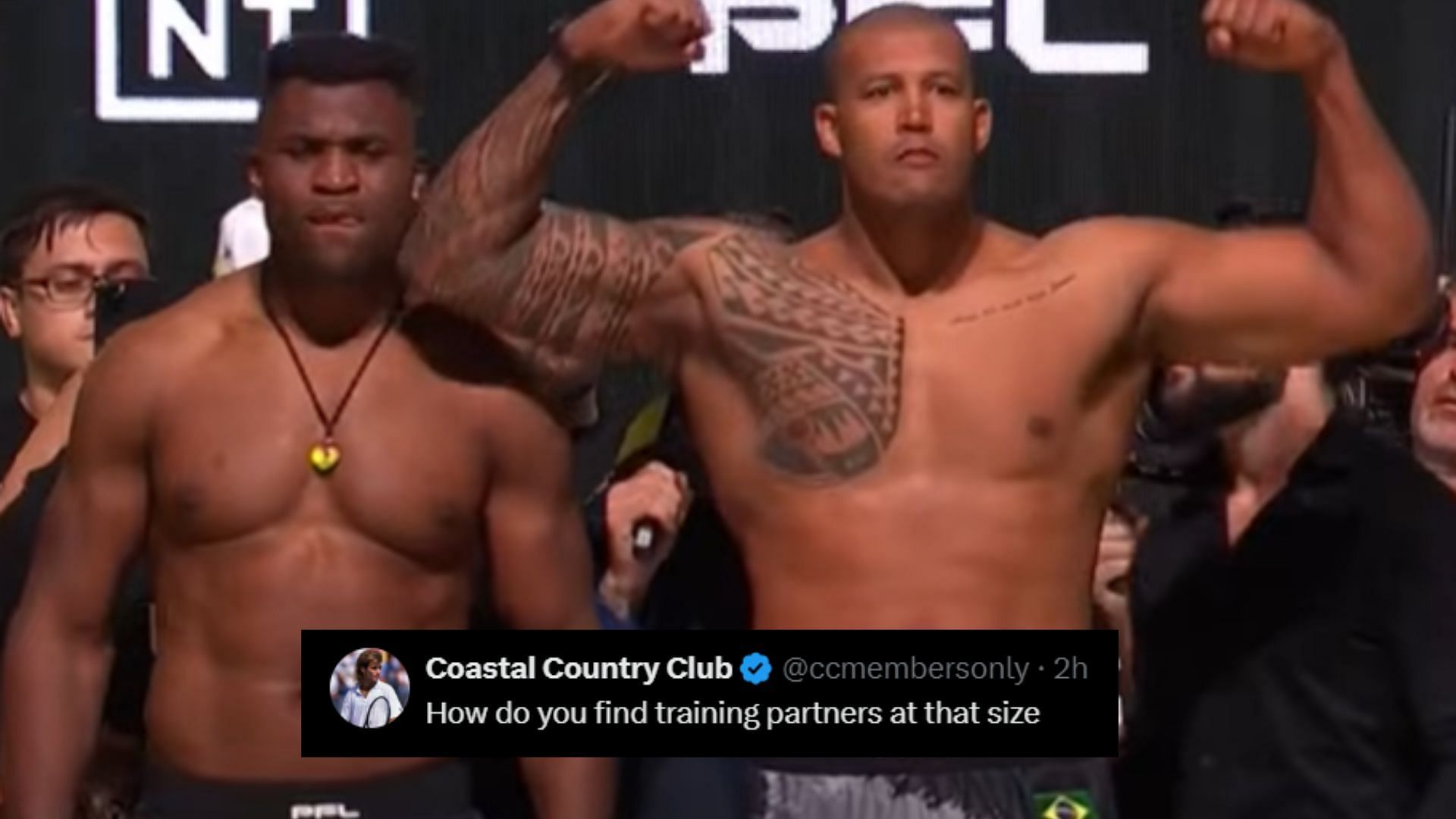 Renan Fereira makes Francis Ngannou look small at PFL Battle Of The Giants face-off. [Image Courtesy: @DAZN Boxing on YouTube]