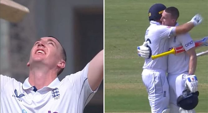 [Watch] Harry Brook raises his bat to celebrate maiden 200, gets a hug from Joe Root in 2024 PAK vs ENG 1st Test