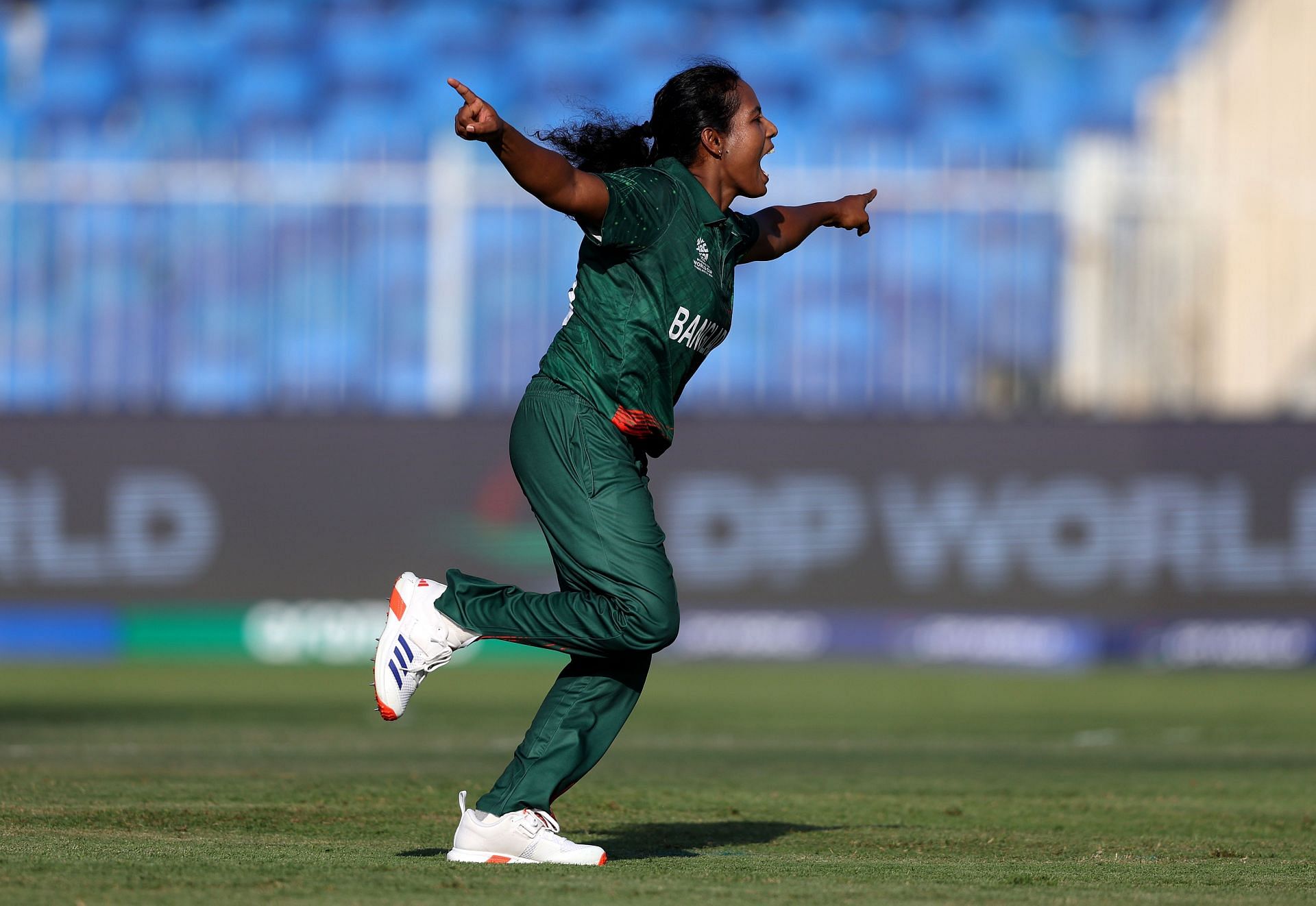 Ritu Moni celebrating a wicket against Scotland.