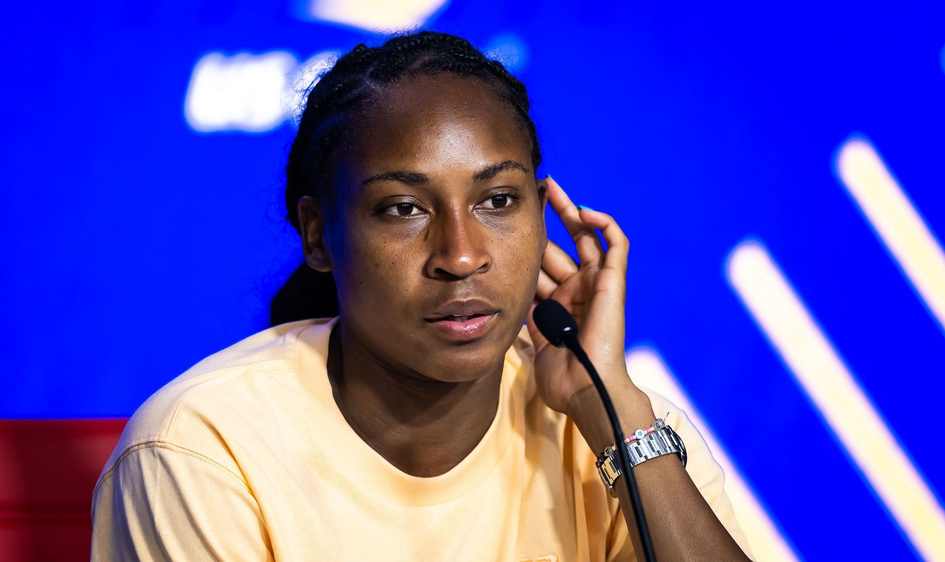 Coco Gauff speaking to the press [Source: Getty]