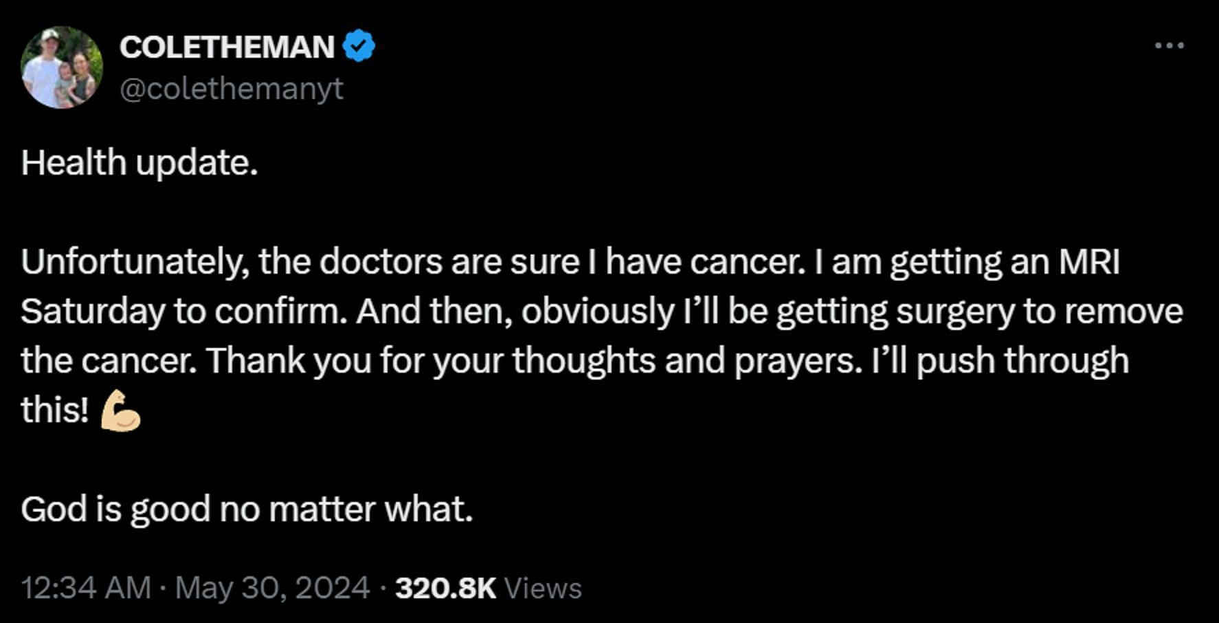 Coletheman announced that he had cancer in May 2024 (Image via X/Coletheman)