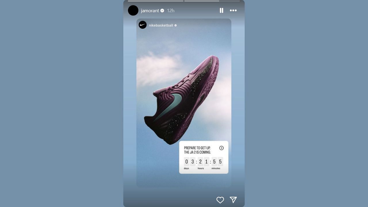 Morant reposts Nike&#039;s countdown IG story. (Credits: @jamorant/Instagram)
