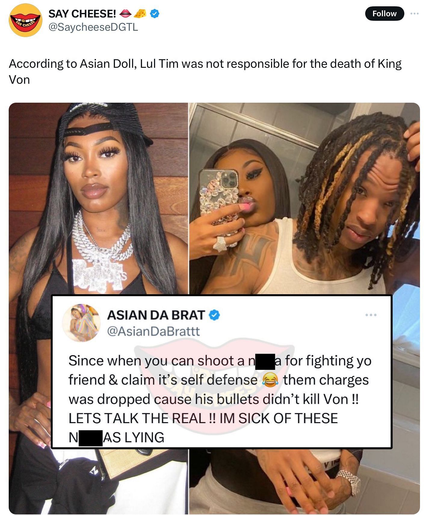 Asian Doll&#039;s tweet about Lul Tim and Von (Image via @SaycheeseDGTL/X)