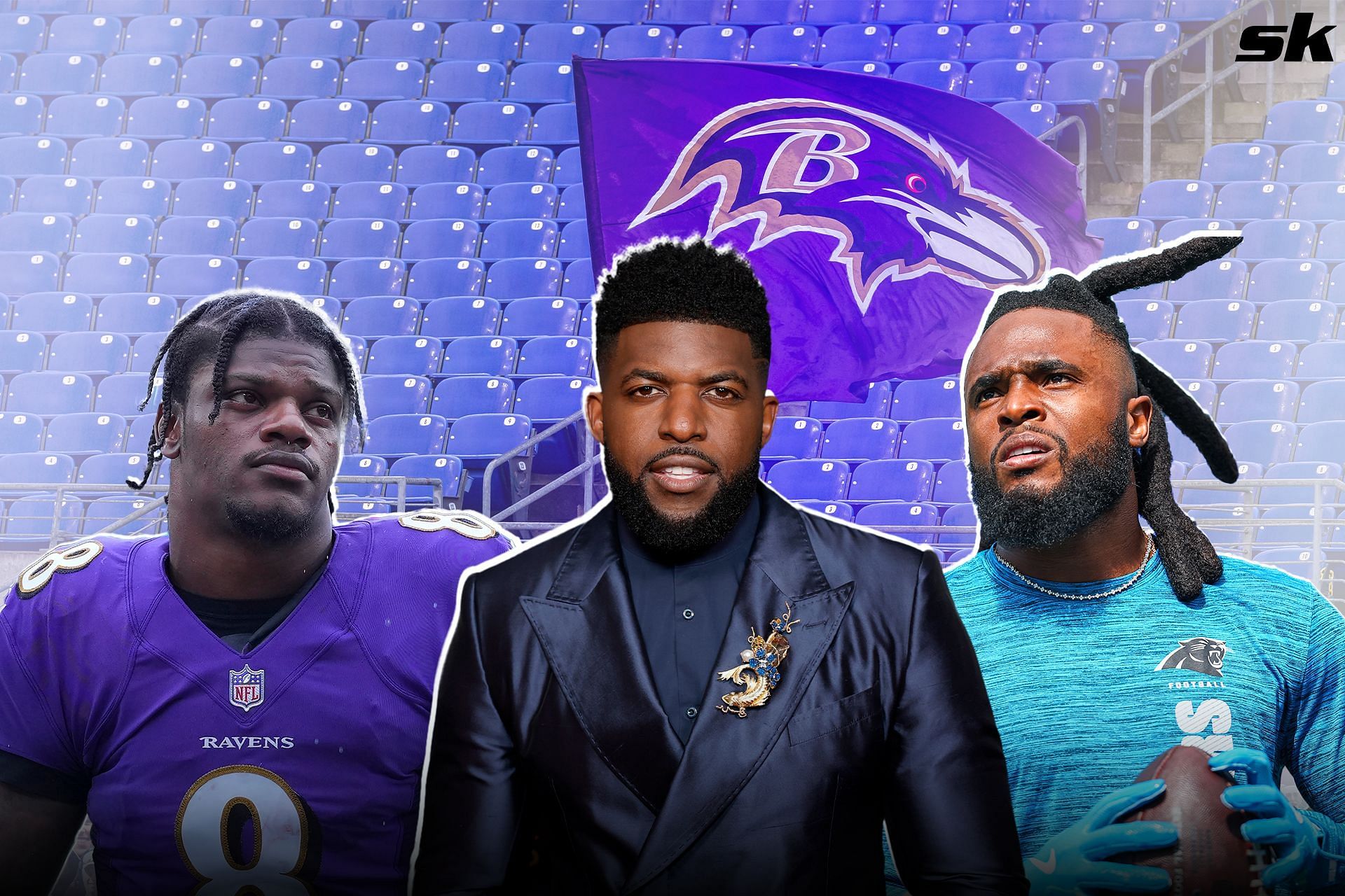 Lamar Jackson, left, Emmanuel Acho, center, and Diontae Johnson, right 