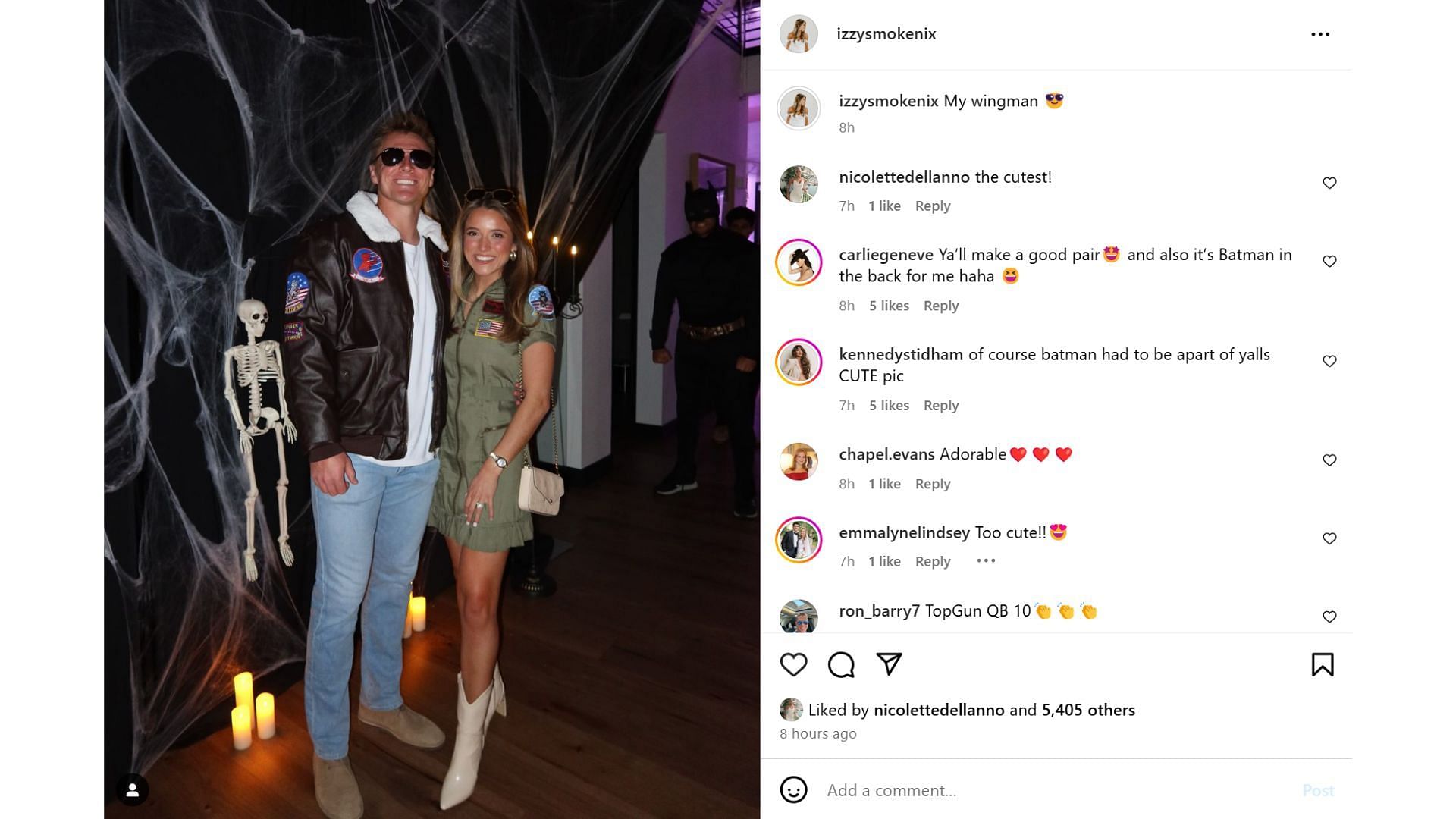 Broncos star Bo Nix and his wife Izzy show up as Top Gun characters during Halloween [Image credit: @izzysmokenix IG]