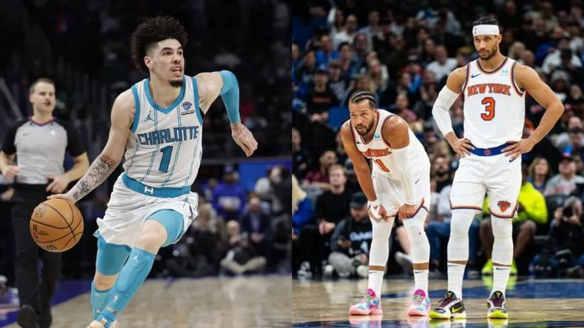 LaMelo Ball of the Charlotte Hornets, Jalen Brunson and Josh Hart of the New York Knicks. Photo Credit: Imagn