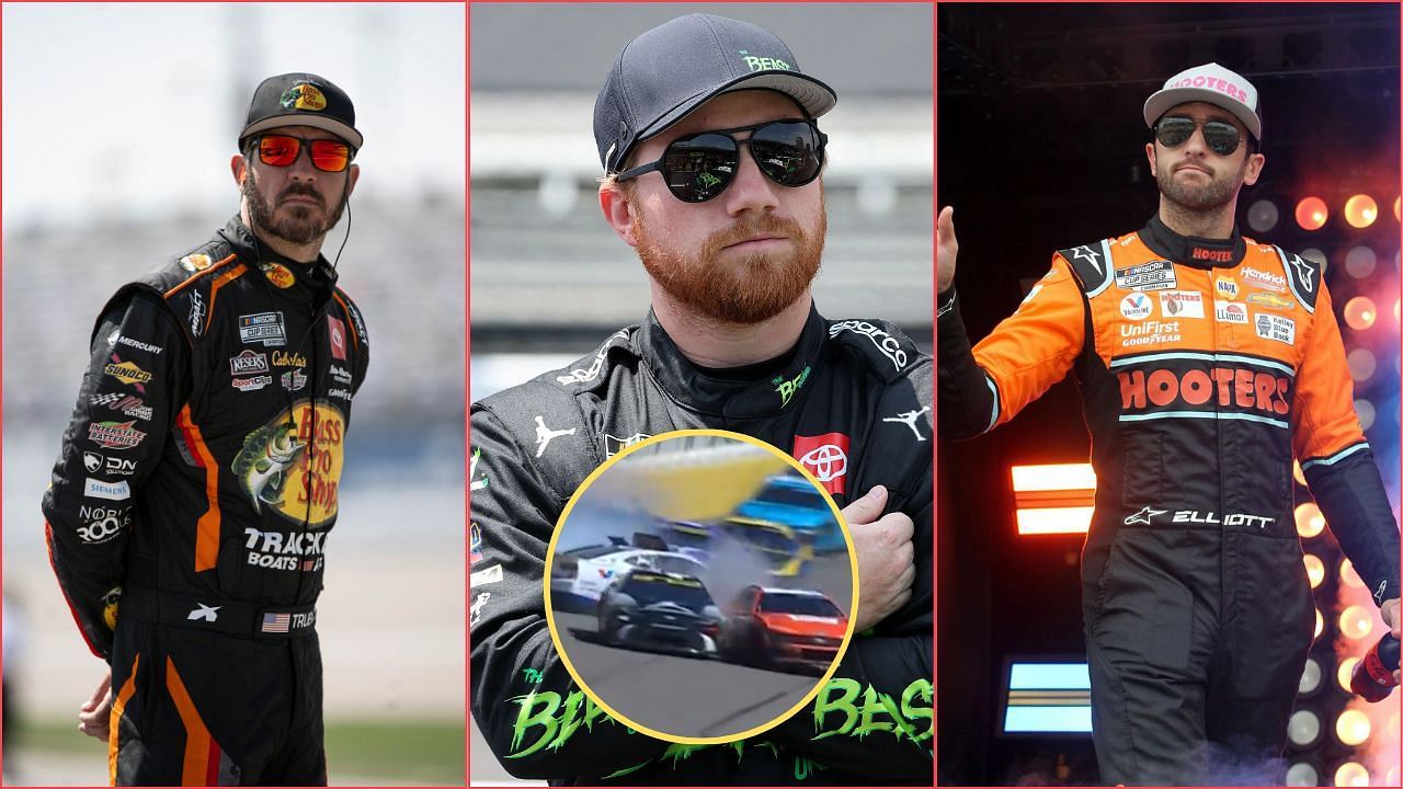 Martin Truex Jr., Tyler Reddick and Chase Elliott. Credit: Imagn. Tyler Reddick and Chase Elliott after making the contact. Courtesy: (x.com/NASCAR)