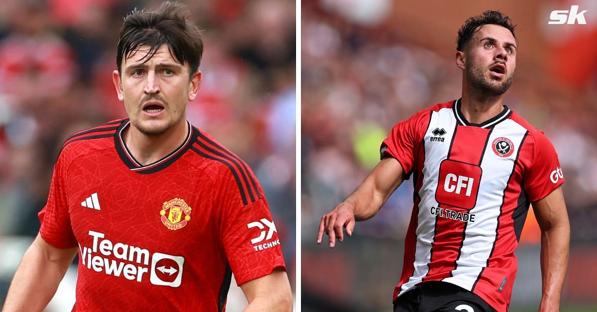 Manchester United defender Harry Maguire reacts to ex-Sheffield United star George Baldock