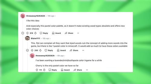 Redditors react to the concept of colored woods (Image via Reddit/nirufe)