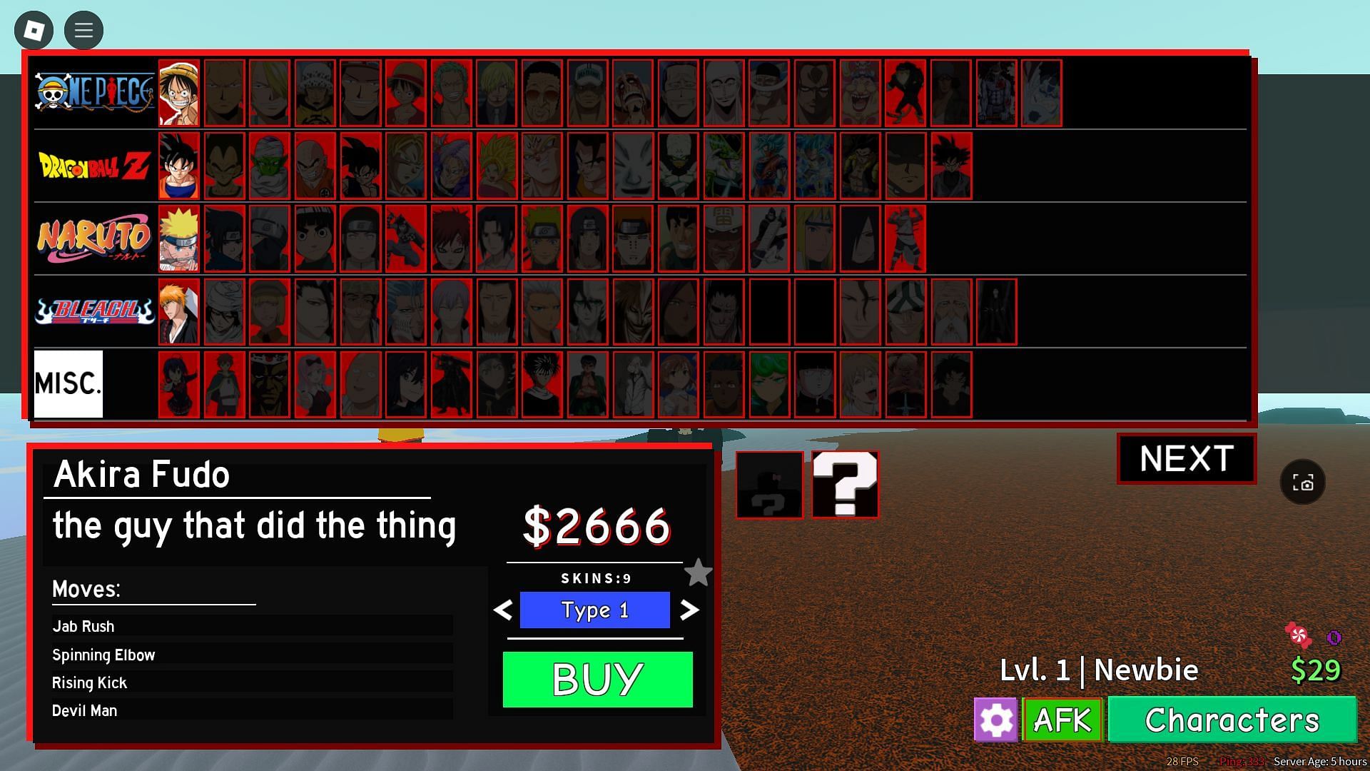 Akira Fudo in the Character Selection menu (Image via Roblox)