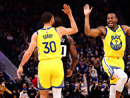 Stepen Curry and Andre Iguodala (Image via Imagn).