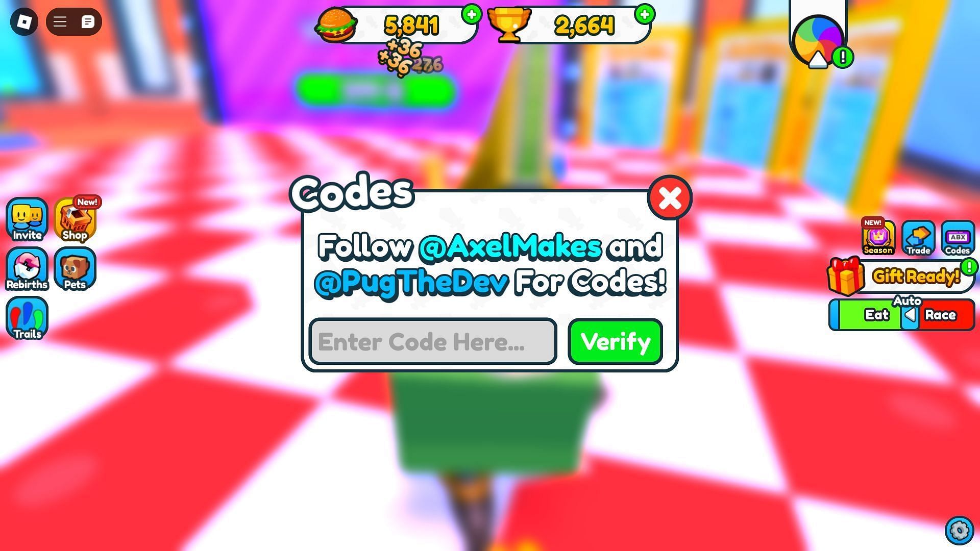 Code box in Get Fat and Roll Race (Image via Roblox)