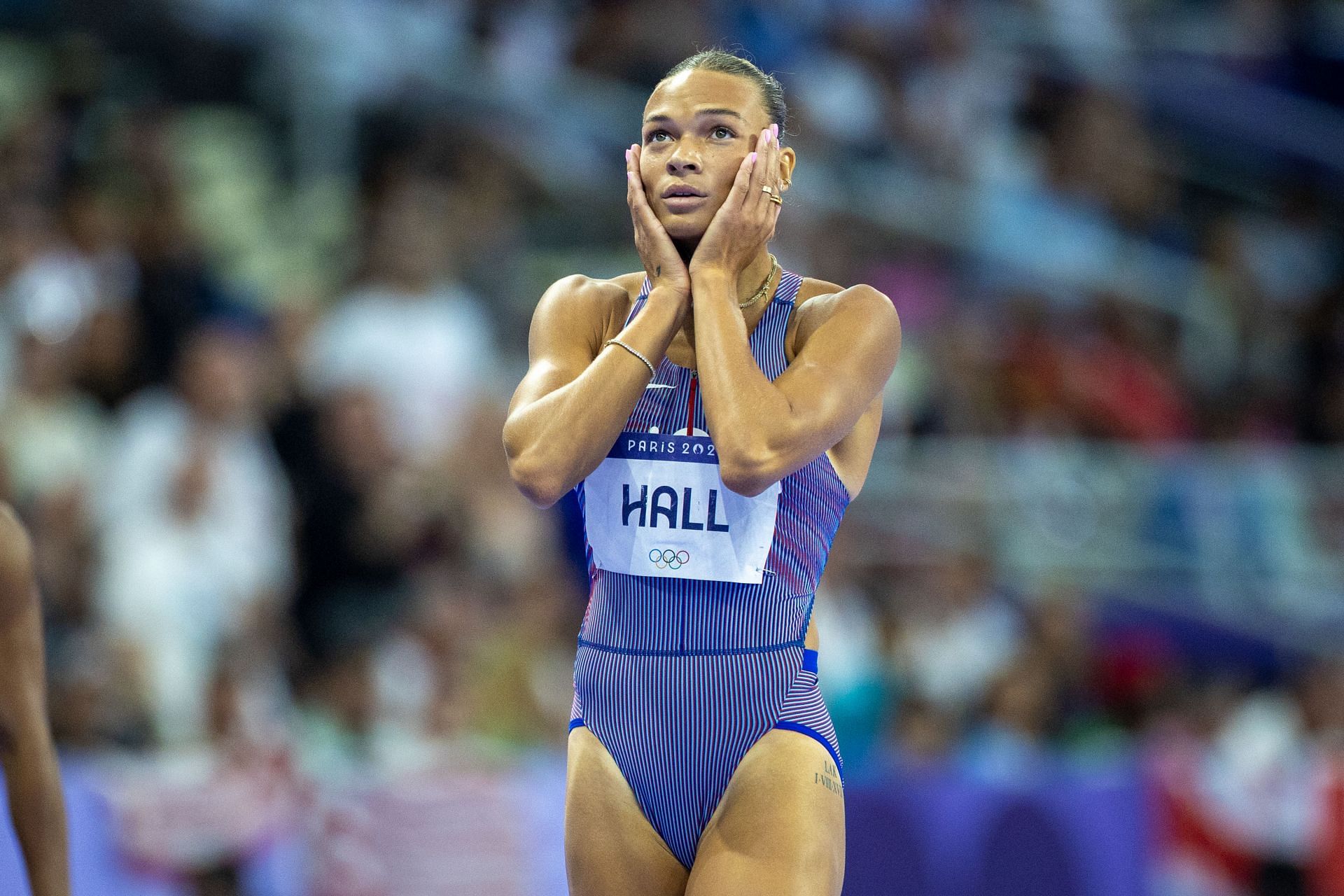 Anna Hall at Paris Olympics. (Photo by Tim Clayton/Corbis via Getty Images)