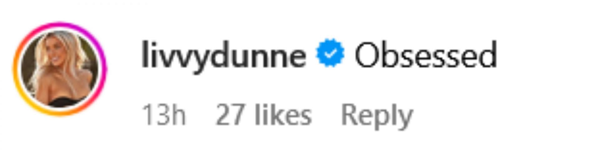 Screenshot of Olivia Dunne&rsquo;s comment to Lee&rsquo;s post. Credits - IG/ @sunisalee