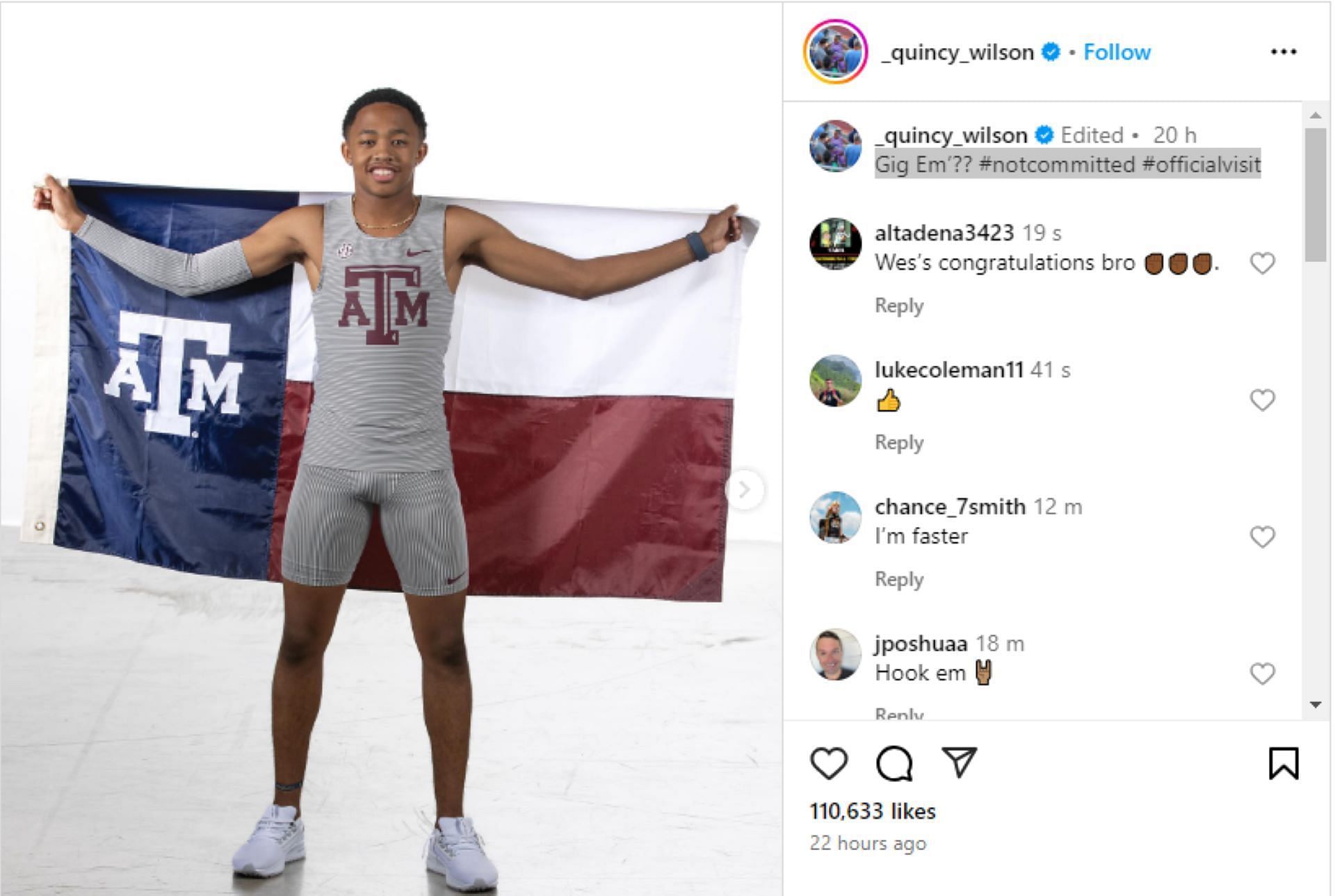 Screengrab of Wilson&#039;s Instagram Post [Image Source: Quincy Wilson&#039;s Instagram]