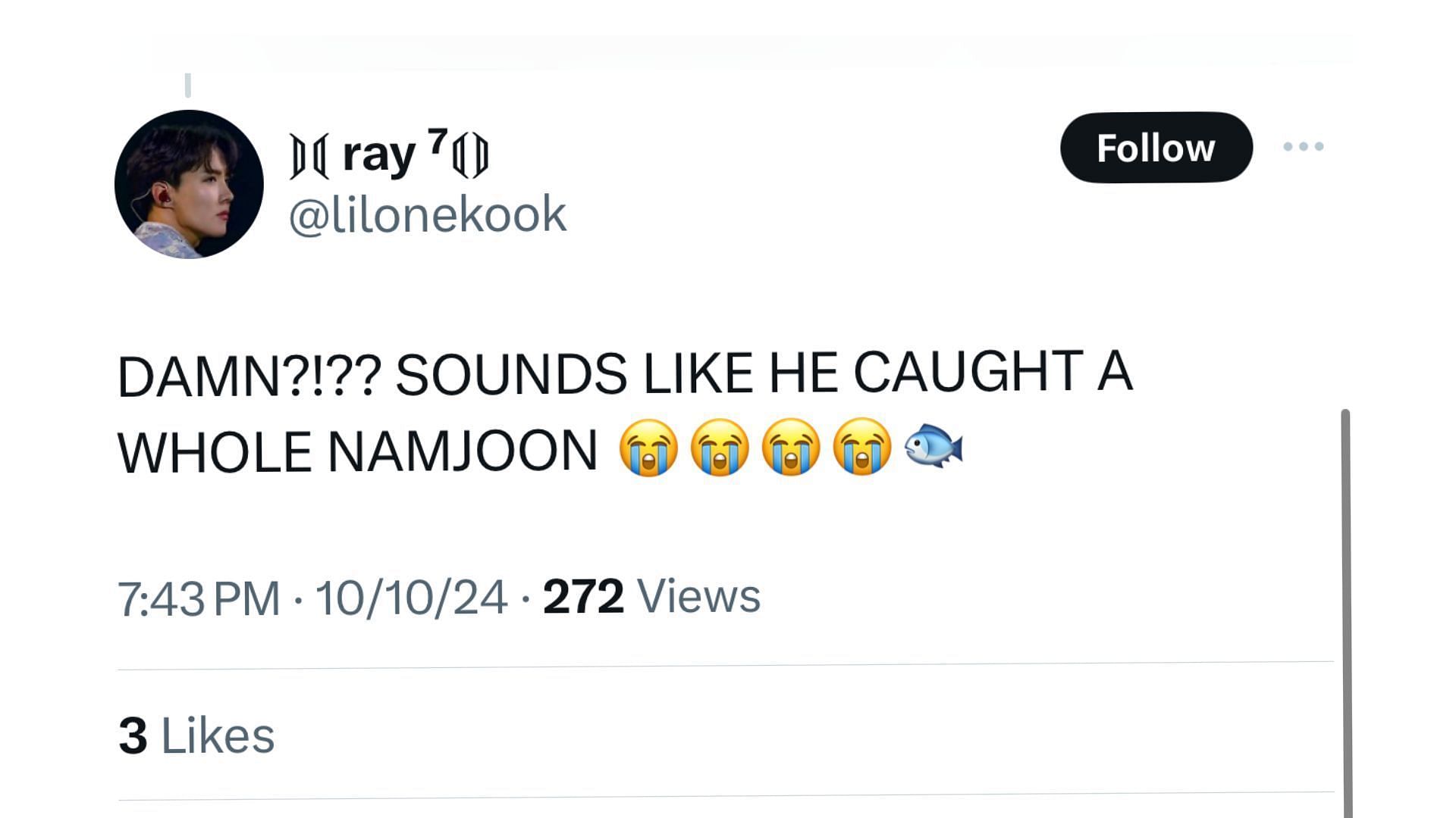 A fan hilariously compared the tuna to RM (Image via Twitter/ lilonekook)