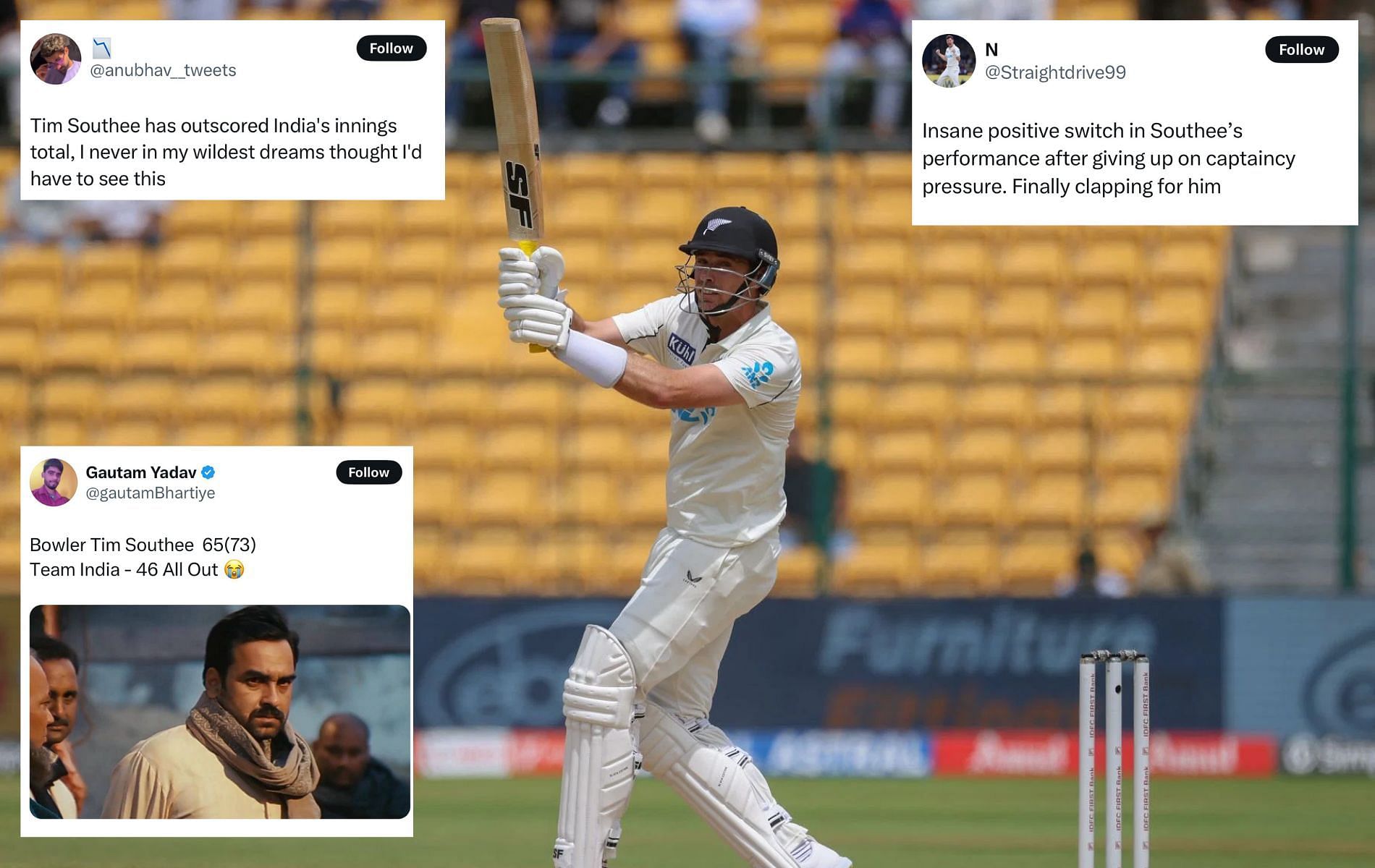 Tim Southee hit his seventh half-century in Test cricket. (Pics: Getty/x/@Straightdrive99/@gautamBhartiye/@anubhav__tweets)