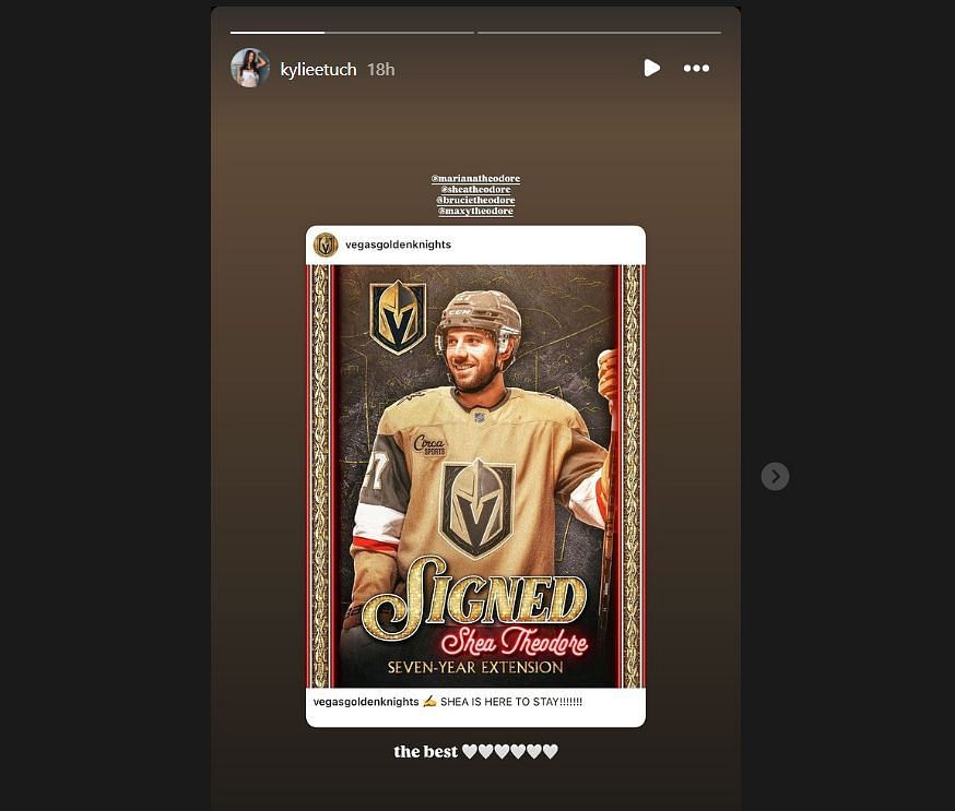 Alex Tuch&rsquo;s wife Kylie responded to Shea Theodore&rsquo;s contract extension