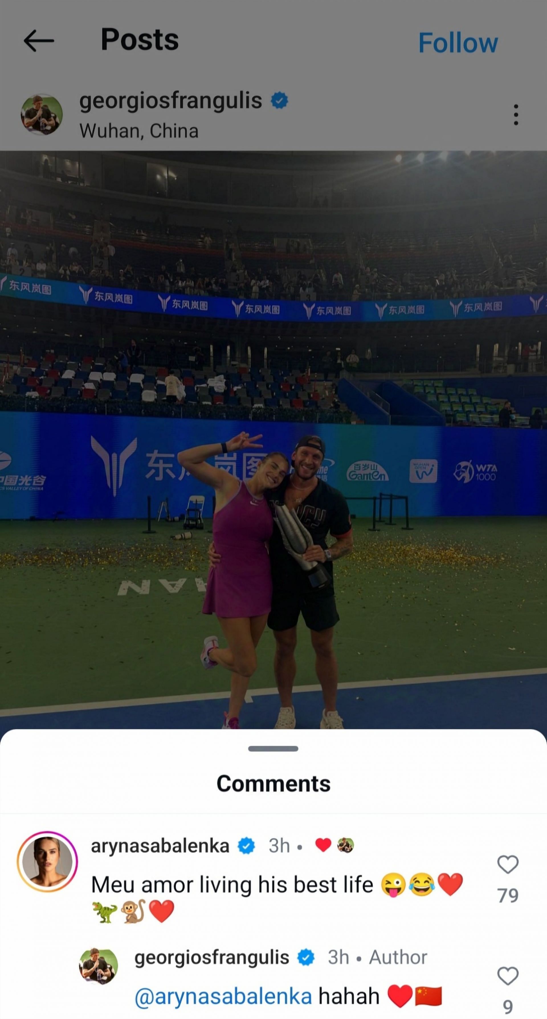 Screen grab of Aryna Sabalenka&#039;s comment