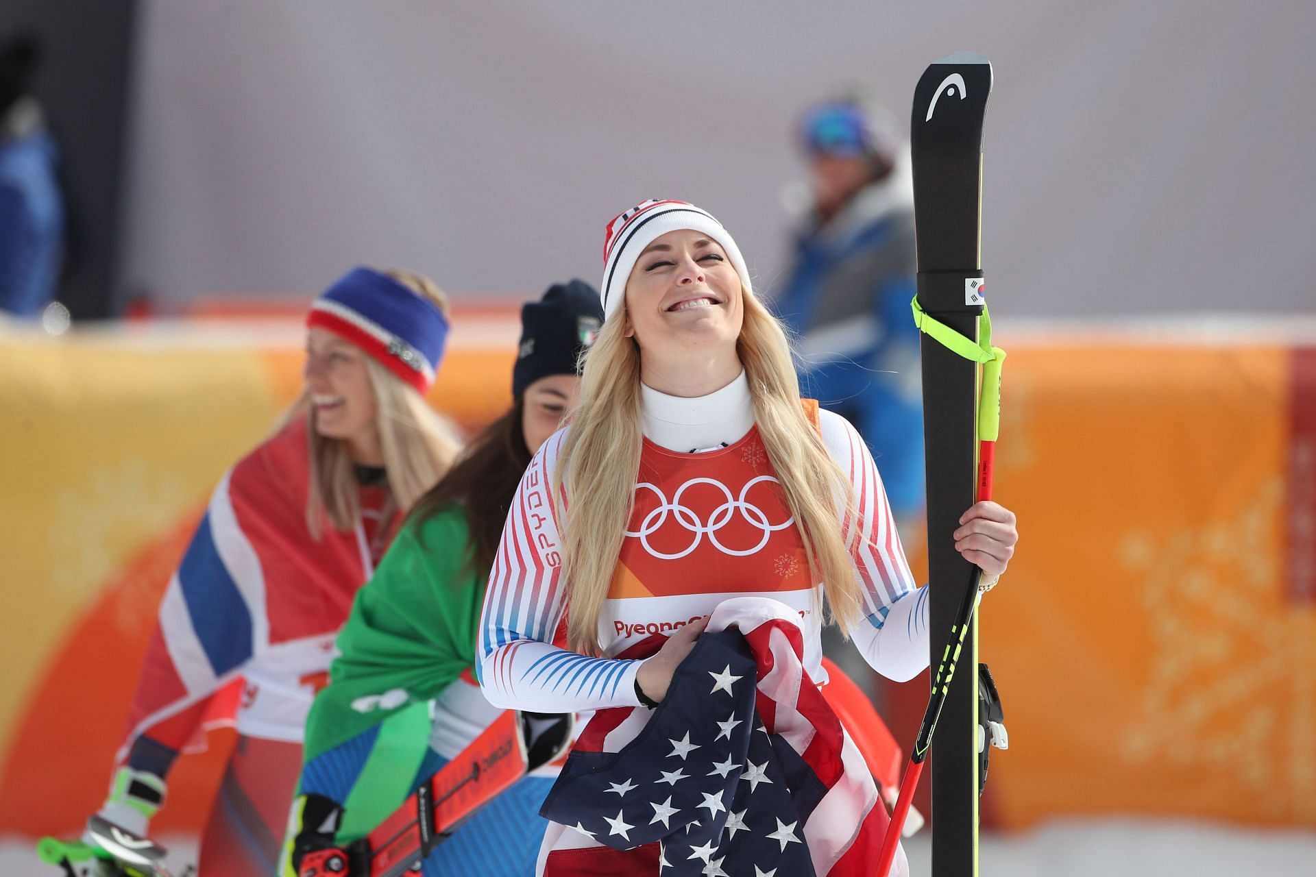 Bronze medal winner Lindsey Vonn at the presentation during the Alpine Skiing Ladies&#039; Downhill race at Jeongseon Alpine Centre in PyeongChang, South Korea. (Photo via Getty Images)