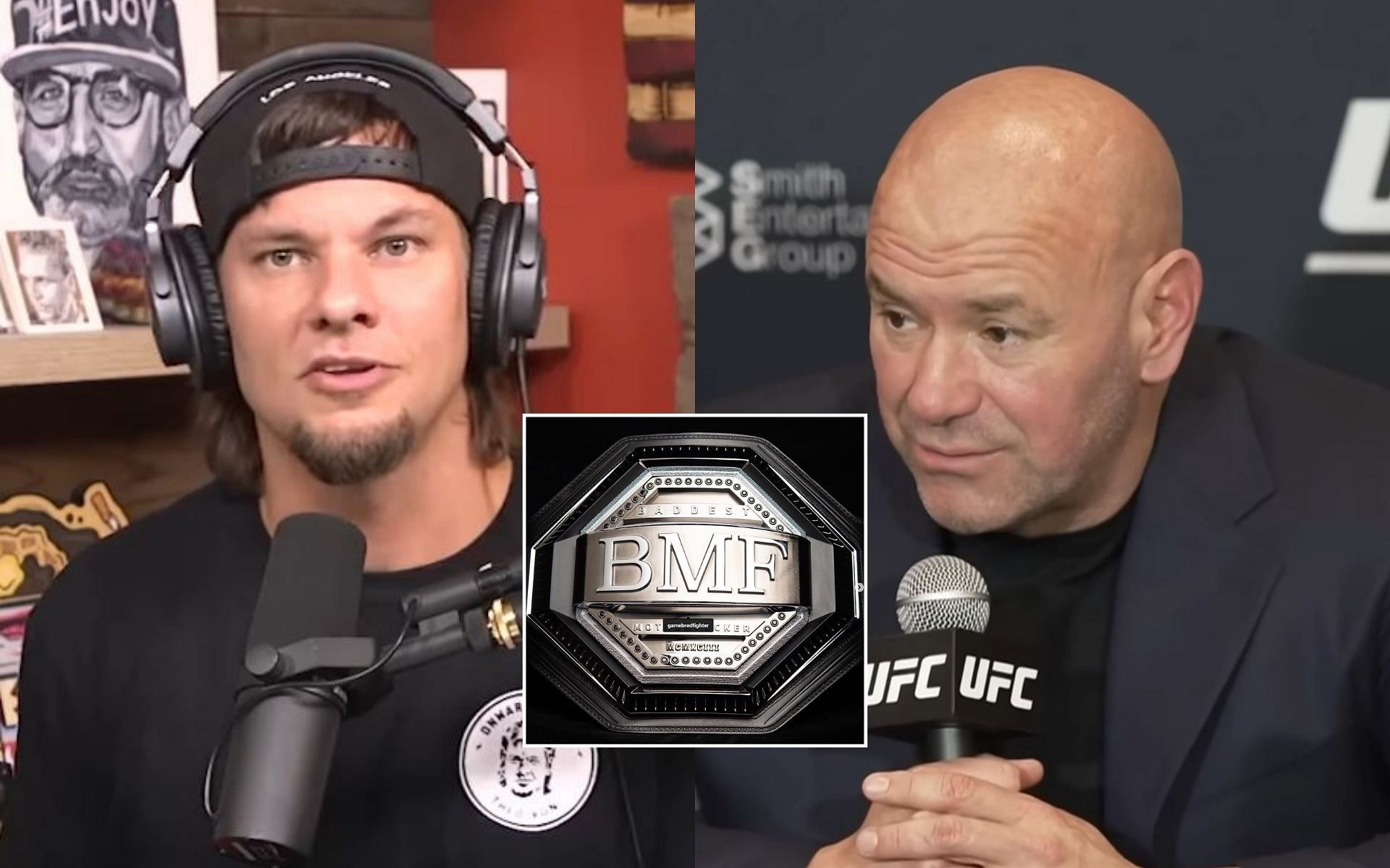 Theo Von (left) reacts to Dana White