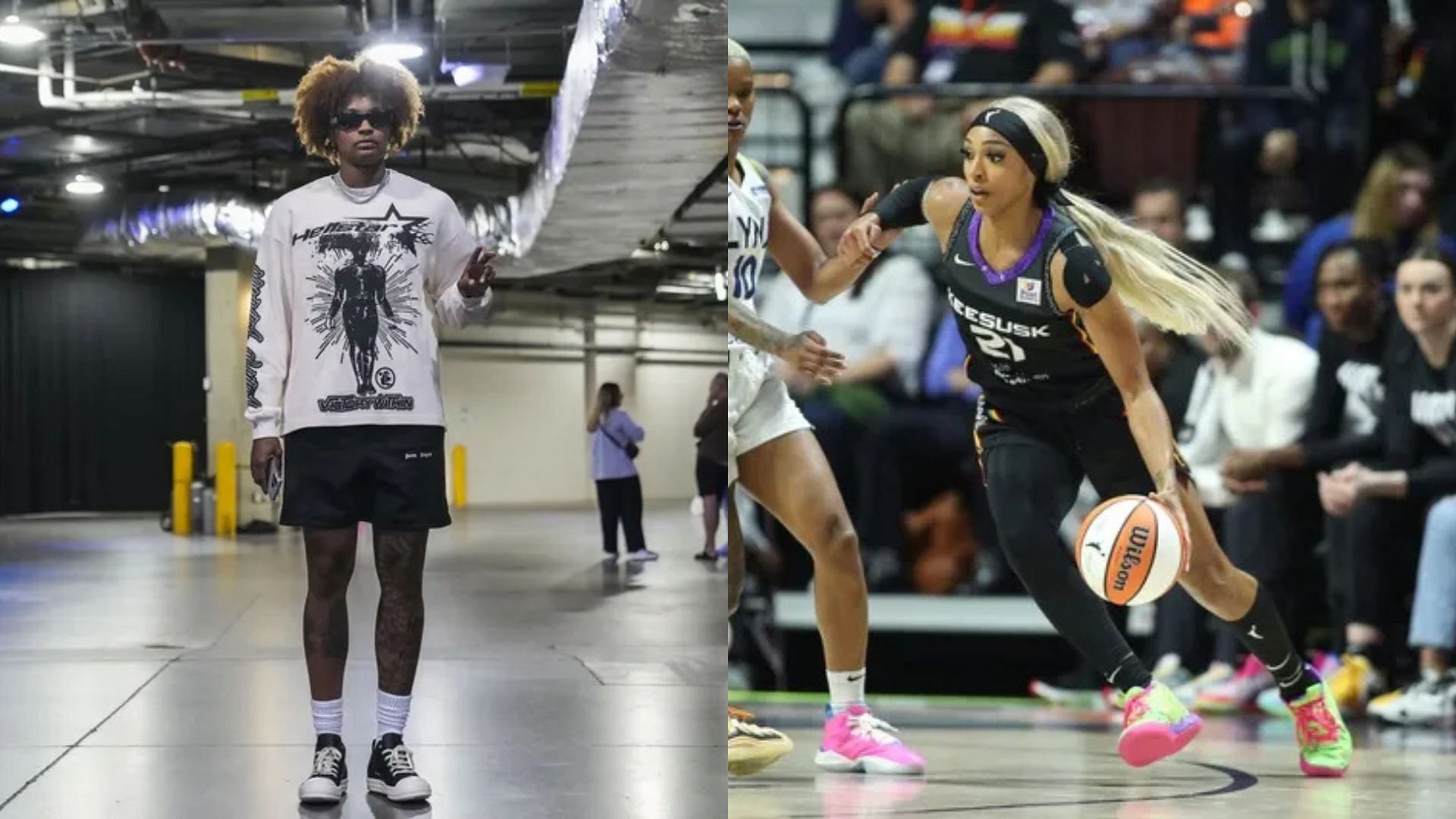 Indiana Fever forward NaLyssa Smith and Connecticut Sun guard DiJonai Carrington. Photo Credits: Imagn