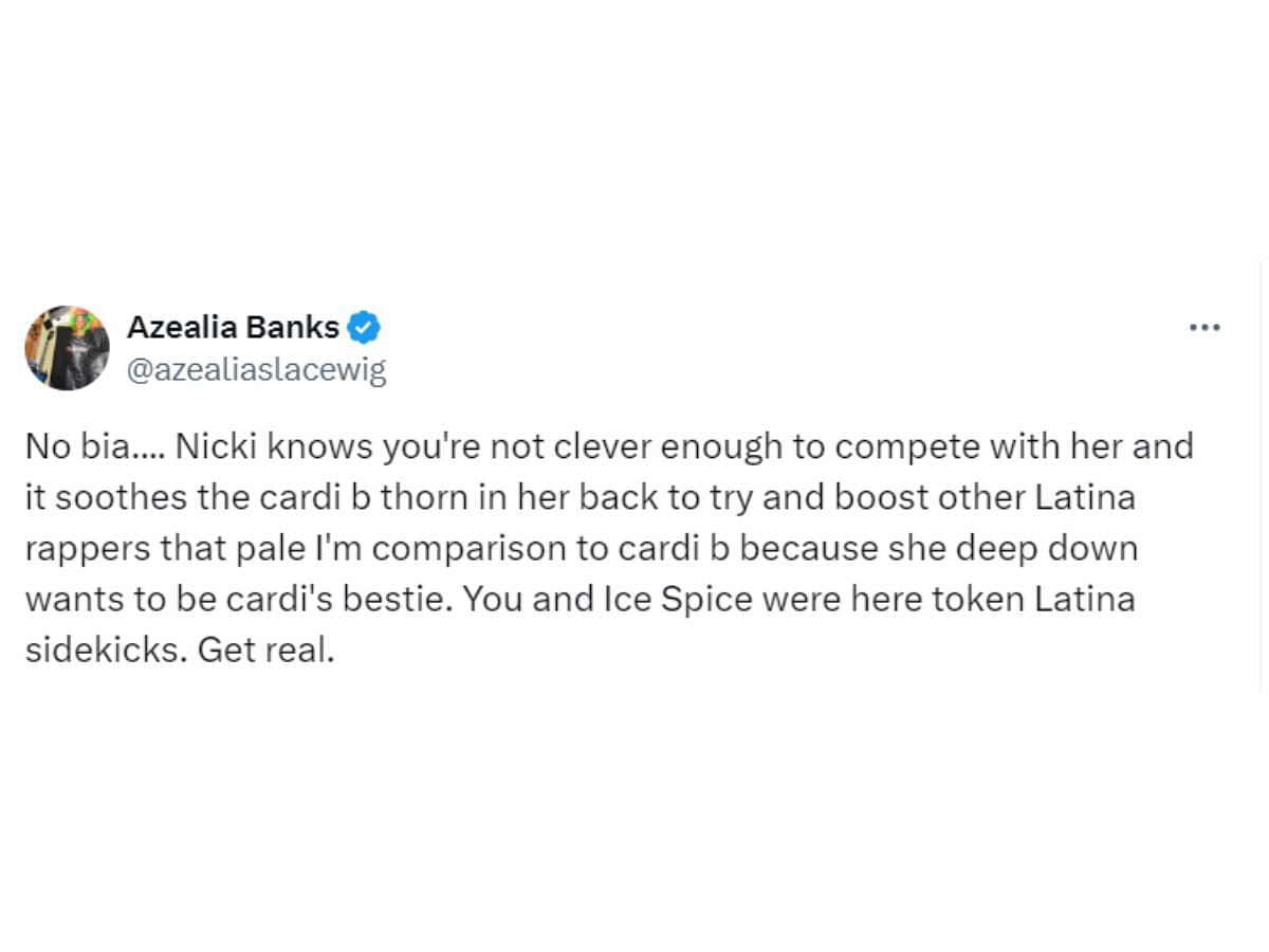 Azealia&#039;s tweet responding to Bia (Image via X/ @azealiaslacewig)