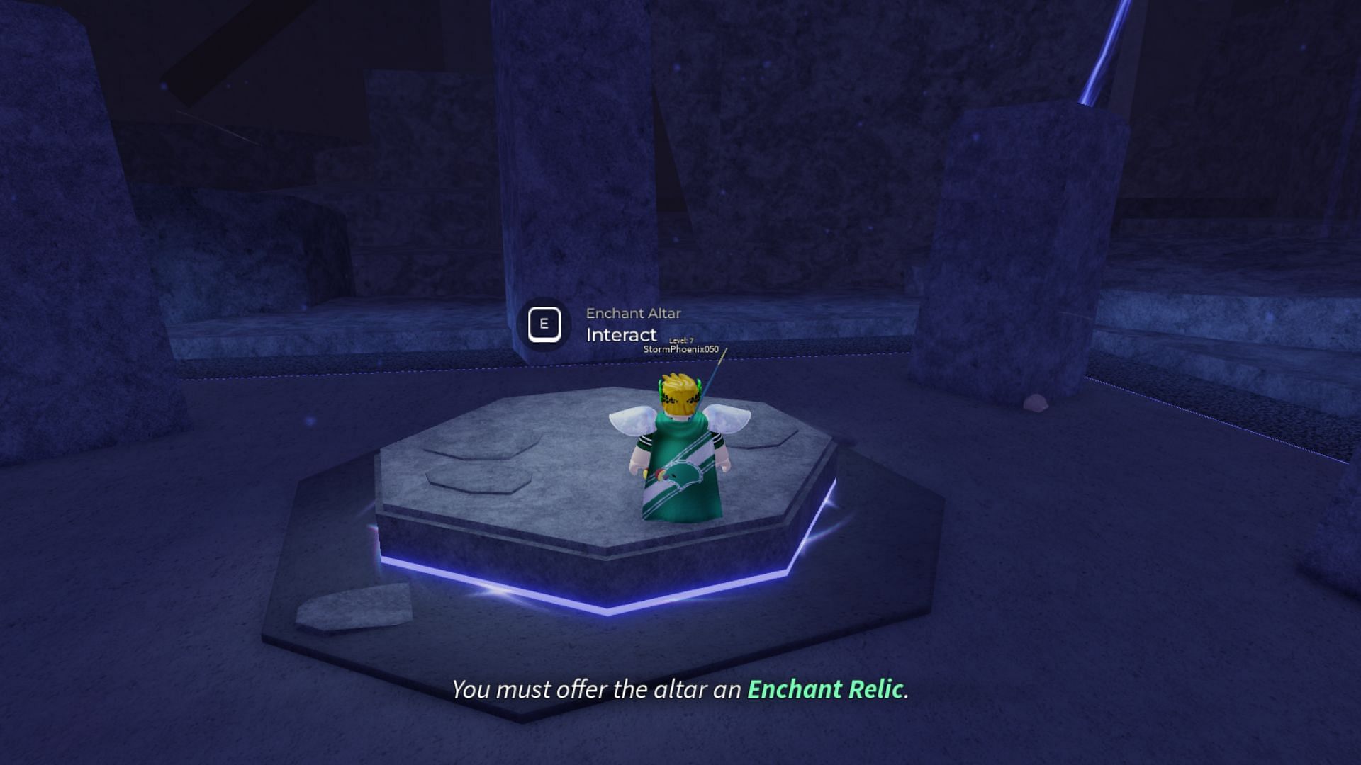 Visit the pedestal at night with the relic to enchant your item (Image via Roblox)