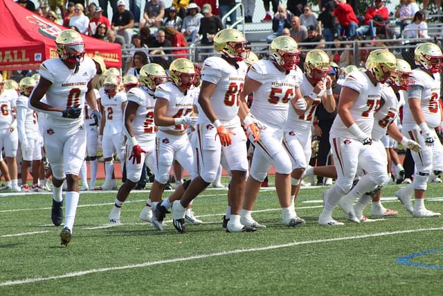 Quincy Porter (#0 far left) gets ready for the next play against Seton Hall Prep (West Orange, NJ) last year. Porter, along with the rest of his Bergen Catholic Crusaders will play Seton Hall Prep on Saturday November 2, 2024.