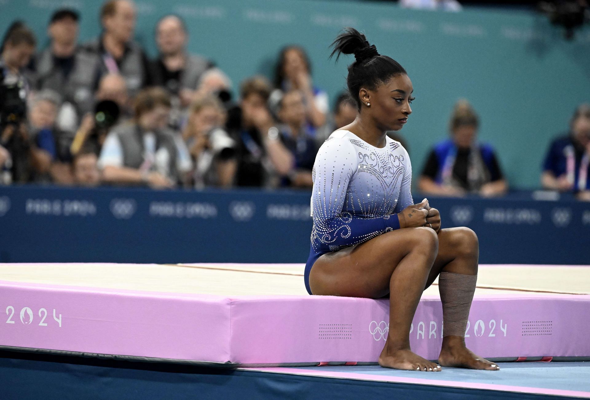 Simone Biles before competing in the balance beam final at the Paris 2024 Olympics. - Source: Getty