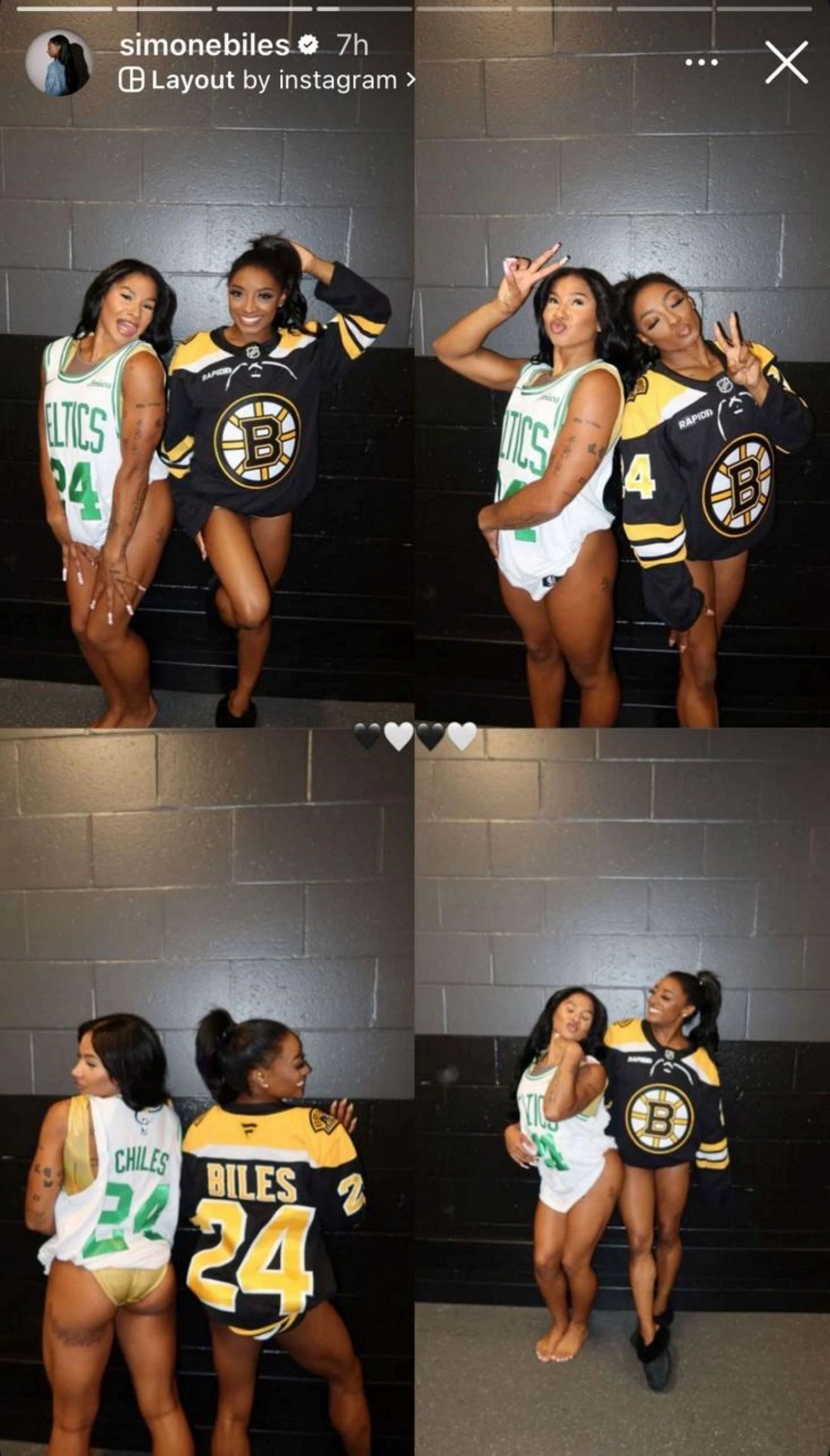 Jordan Chiles and Simone Biles sporting Boston Celtics and Bruins jerseys; Instagram - @simonebiles