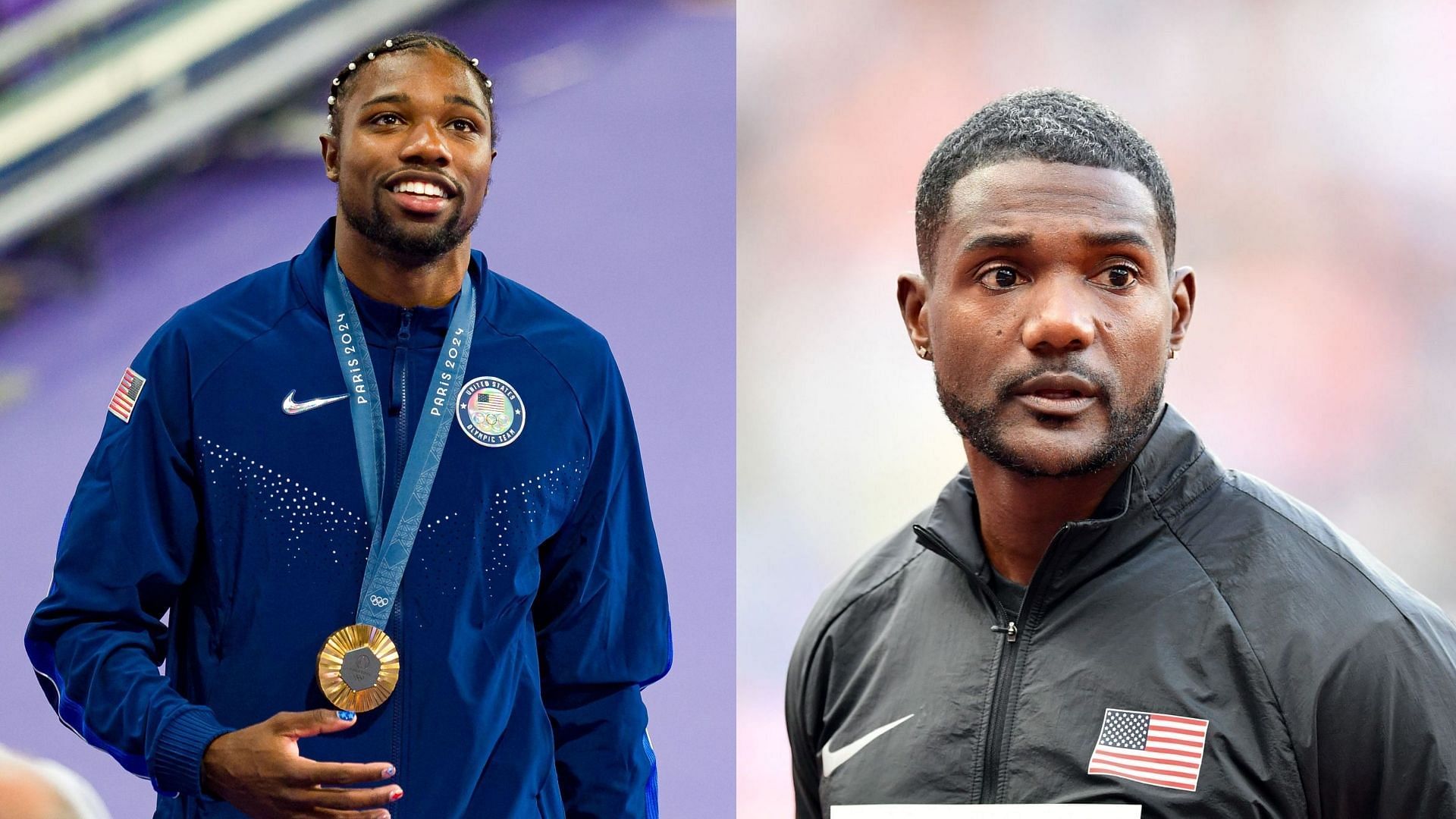 Justin Gatlin and Rodney Green congratulate Noah Lyles and Junelle Bromfield on their engagement (Images: All via Getty)