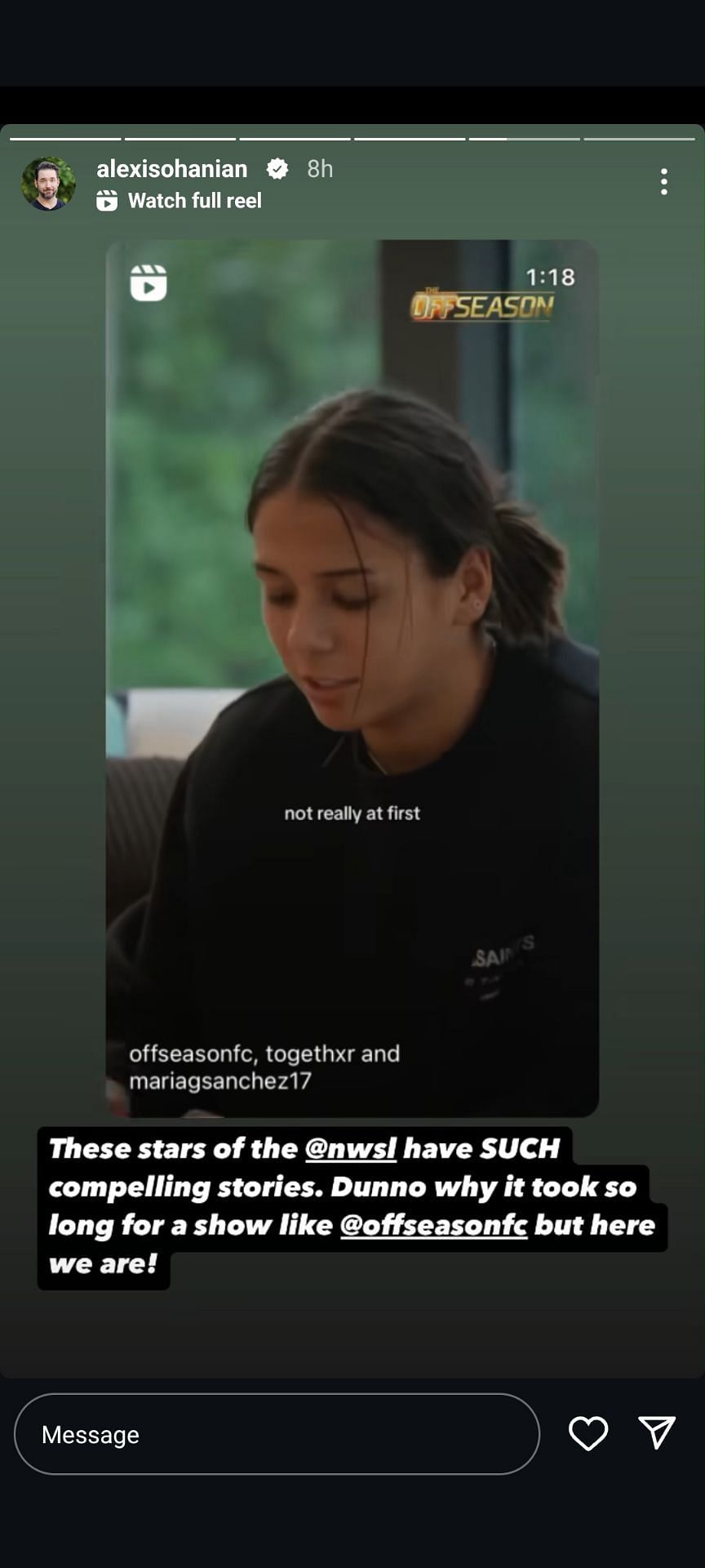 Serena Williams&#039; husband Alexis Ohanian&#039;s Instagram Story featuring Maria Sanchez&#039;s childhood soccer confession from The Offseason (Source: Instagram/Alexis Ohanian)