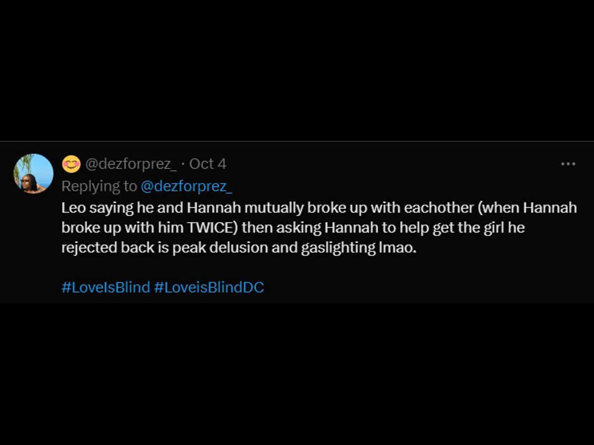 A fan reacts to Leo and Hannah&#039;s conversation (image via X/@dezforprez_)