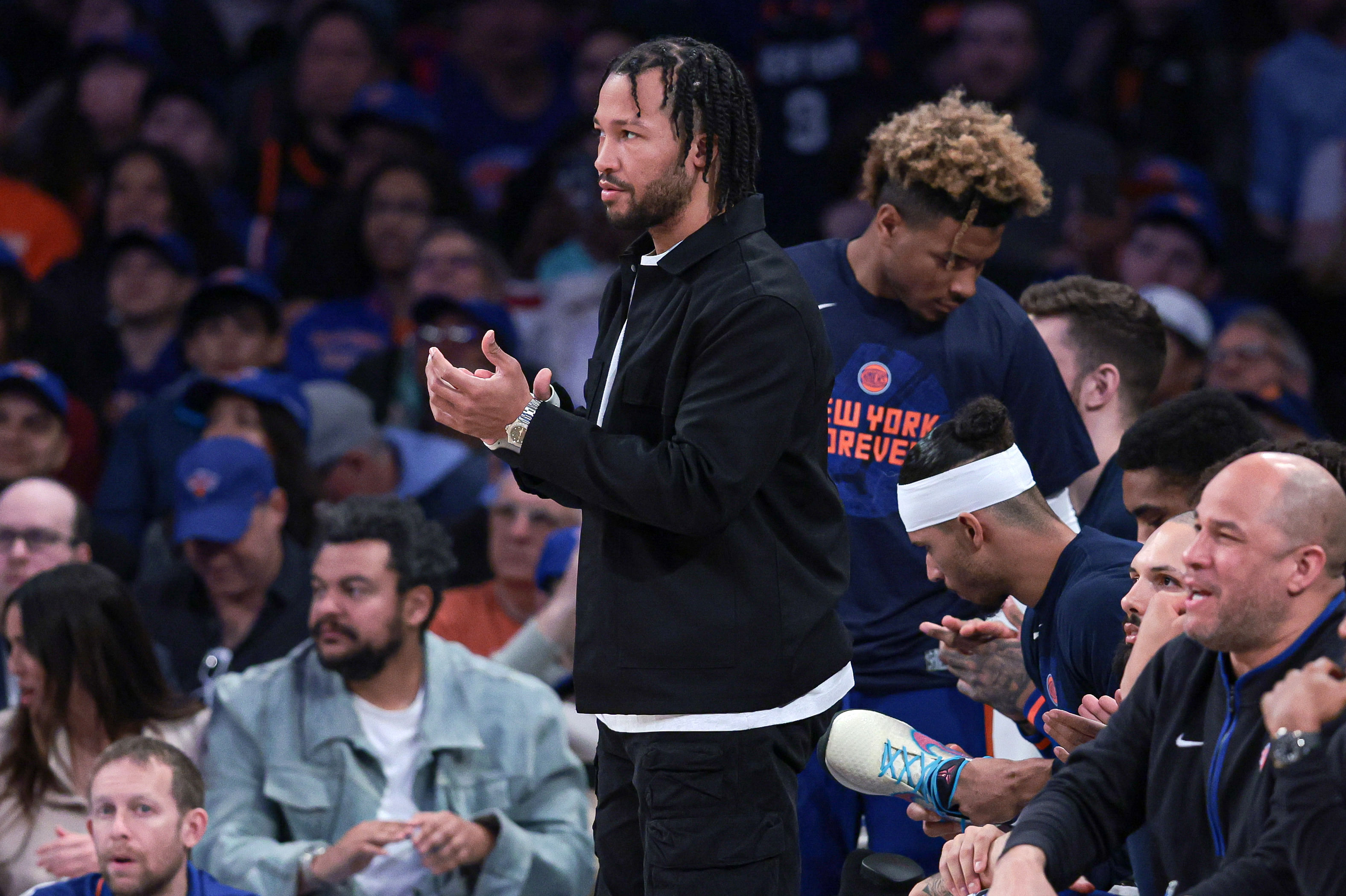 New York Knicks guard Jalen Brunson looks on from the bench against the Indiana Pacers at Madison Square Garden. Photo Credit: Imagn