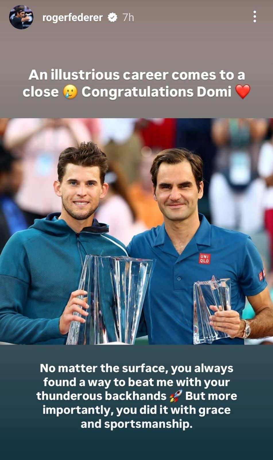 Federer posted on his Instagram story