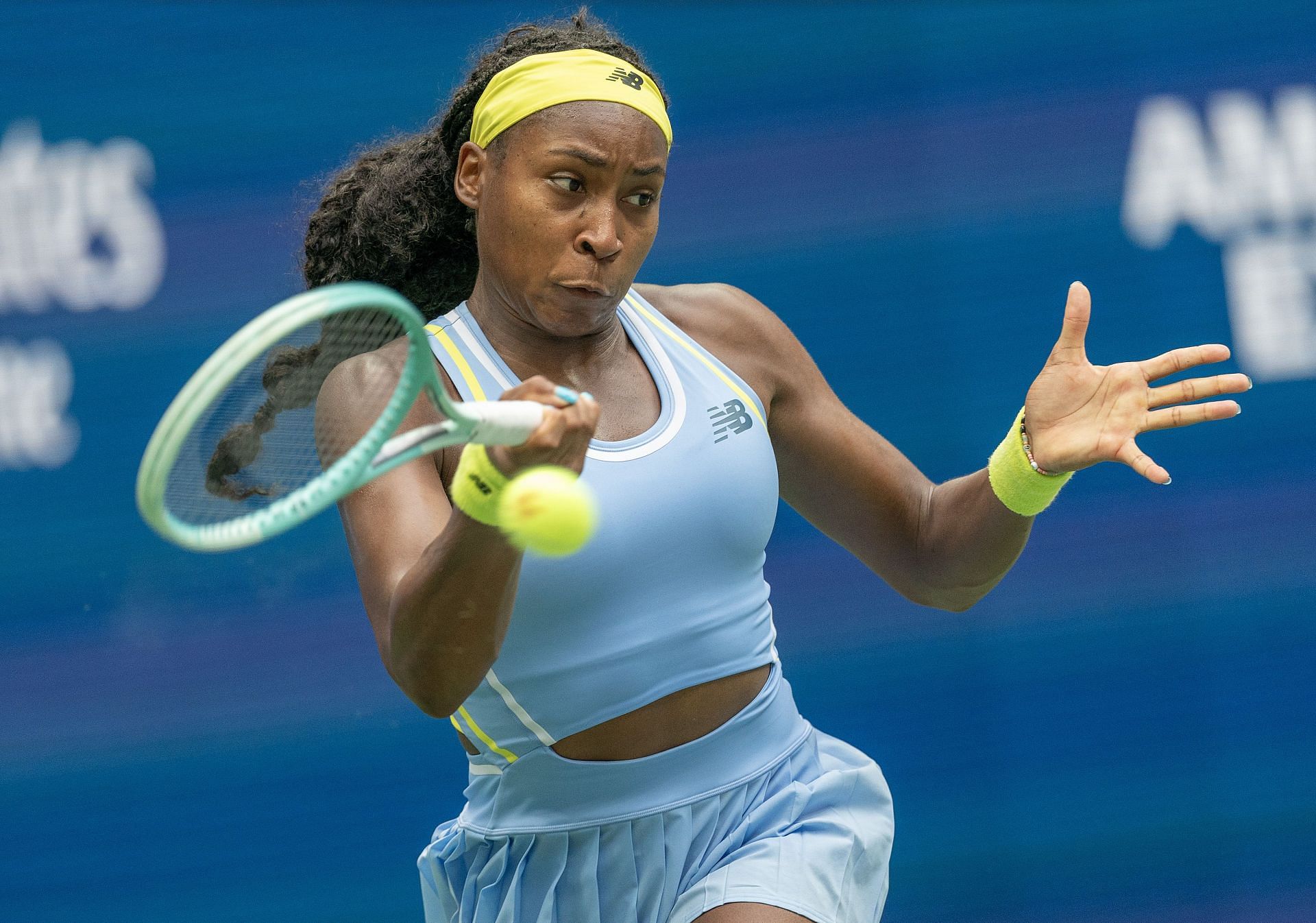 Coco Gauff hits a forehand