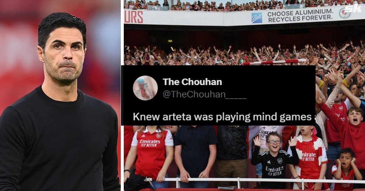 Mikel Arteta and Arsenal fans (both images via Getty and X/@TheChouhan_____)