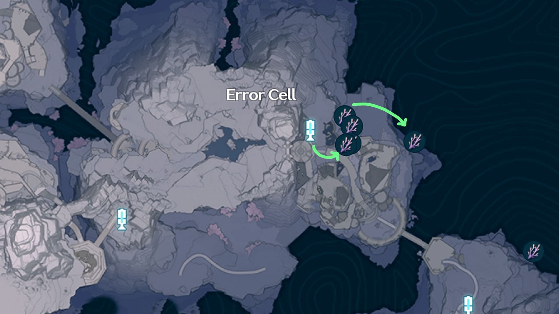 All Violet Coral locations and farming route in the Error Cell area (Image via Kuro Games)