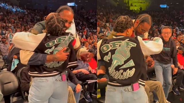 Alicia Keys meeting Carmelo Anthony and Joe Tsai in Game 2 of the Aces-Liberty showdown. [photo: @WNBA/X]