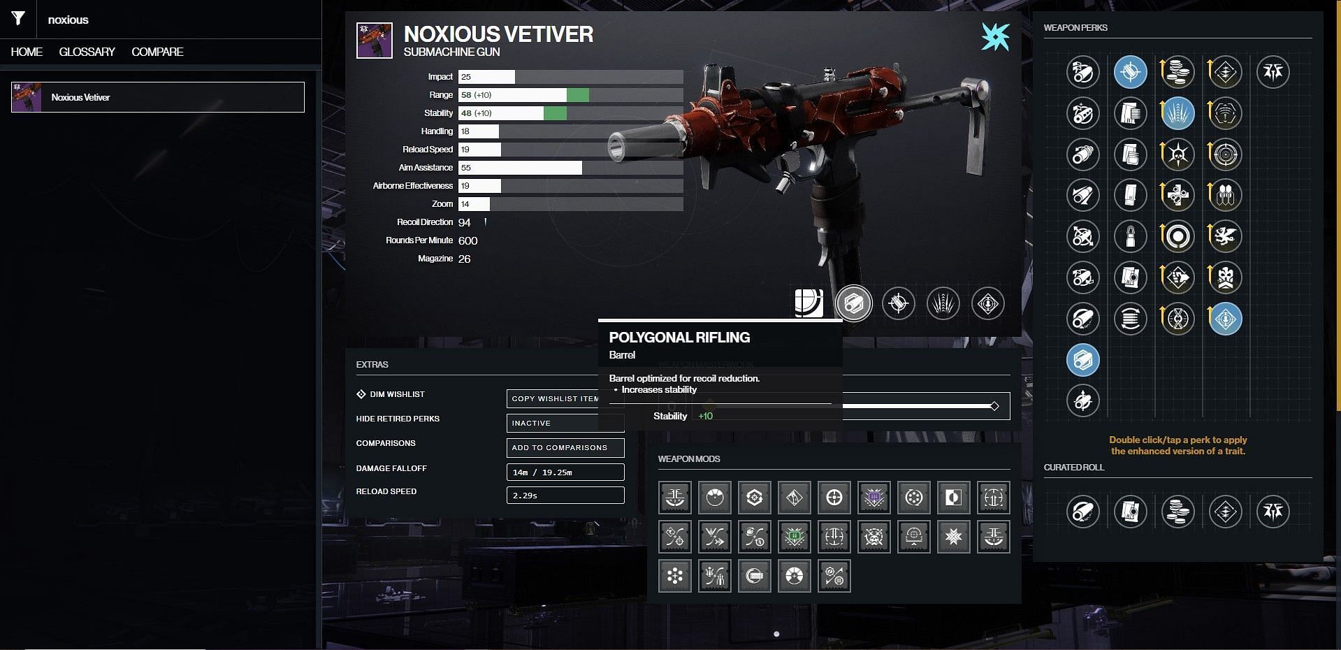 Noxious Vetiver PvP god roll (Image via Bungie/D2Gunsmith)