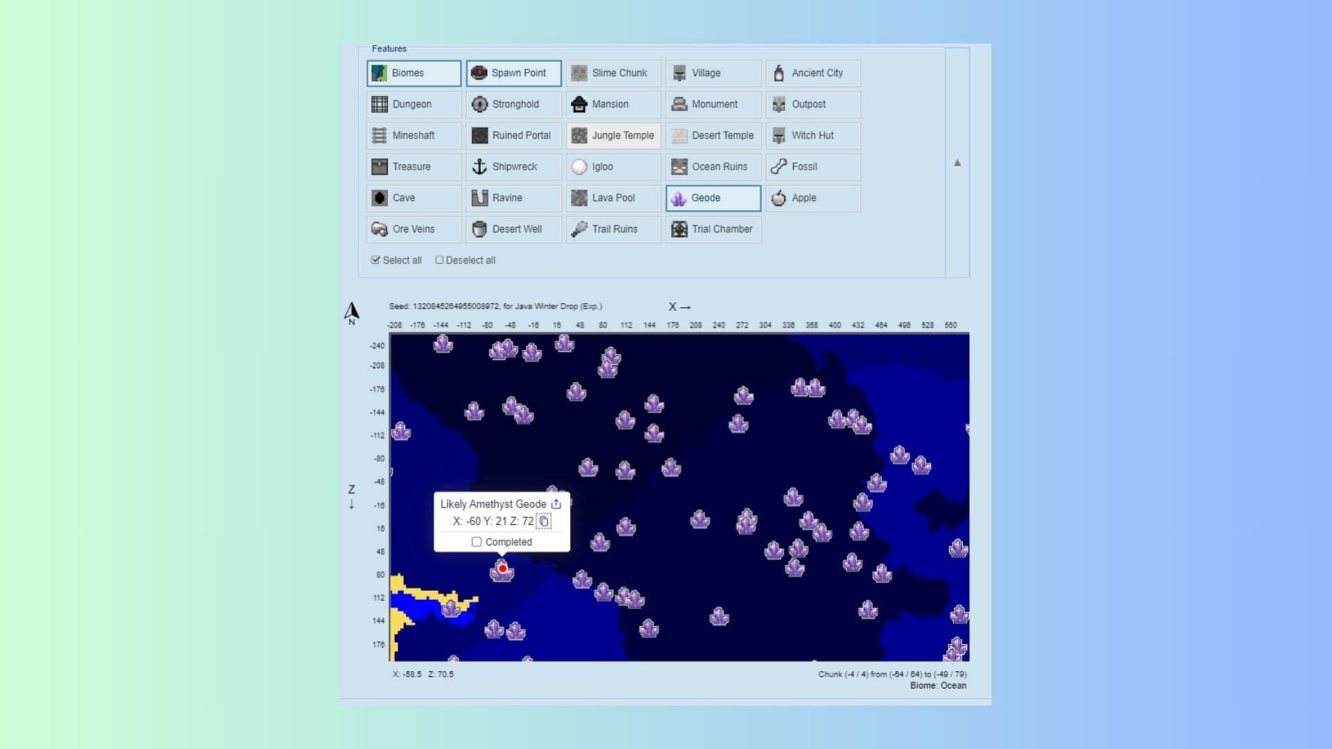 Use chunkbase to find the concentration of amethyst geodes in Minecraft. (Image via Mojang Studios)