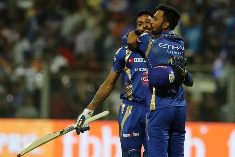 Hardik Pandya (left) celebrating the run chase against KKR with his brother Krunal.