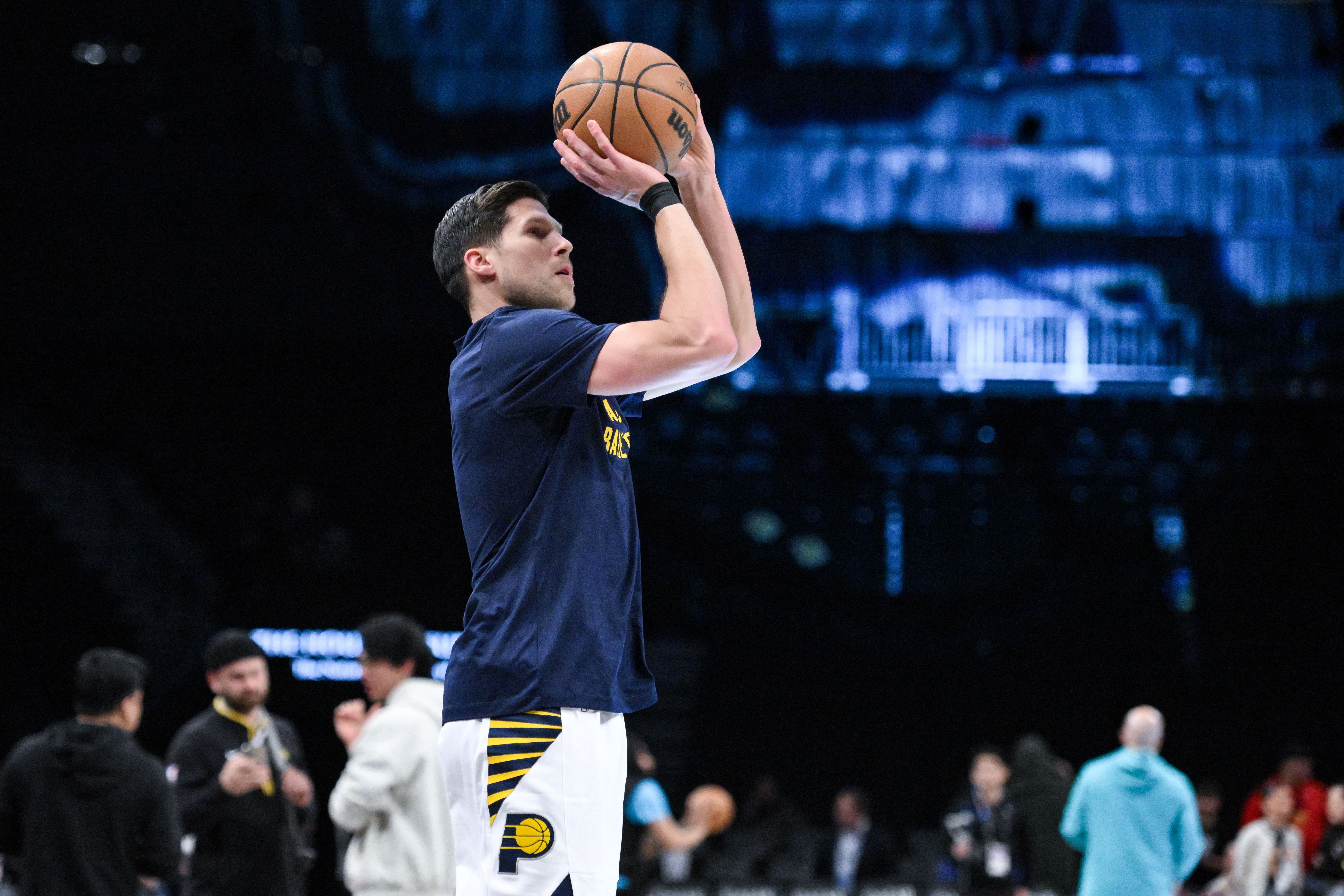 Forward Doug McDermott warms up before a game against the Brooklyn Nets at Barclays Center. Photo Credit: Imagn