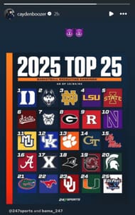 Cayden Boozer reacts to new 247Sports 2025 Top 25 (Source: Instagram/@caydenboozer)