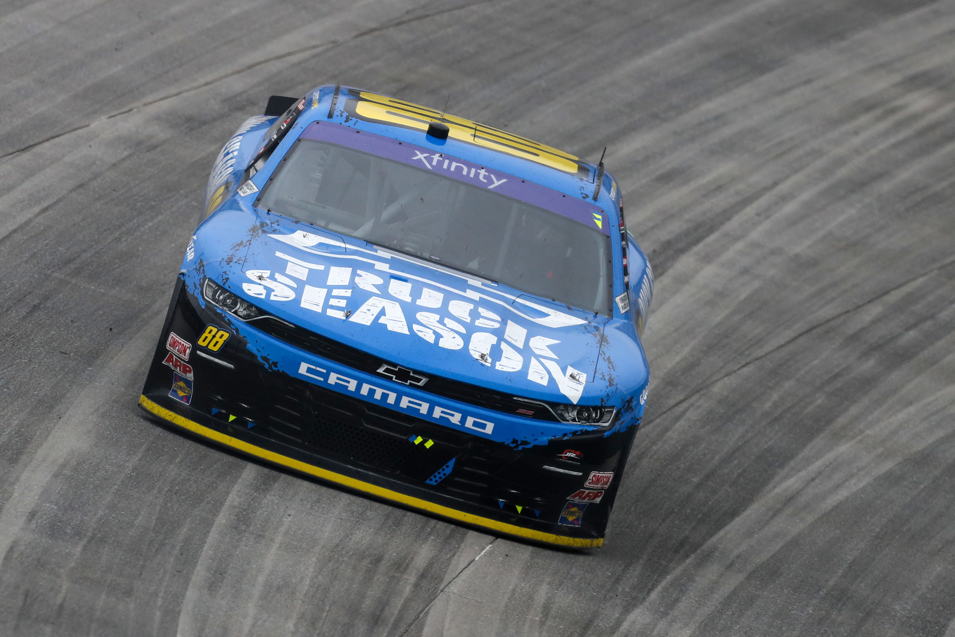 Apr 27, 2024; Dover, Delaware, USA; NASCAR Xfinity Series driver Carson Kvapil (88) races during the BetRivers 200 at Dover Motor Speedway. Mandatory Credit: Matthew O&#039;Haren-Imagn Images