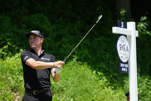 Justin Thomas tees off on the third hole during the final round of the PGA Championship (Image Source: Imagn)